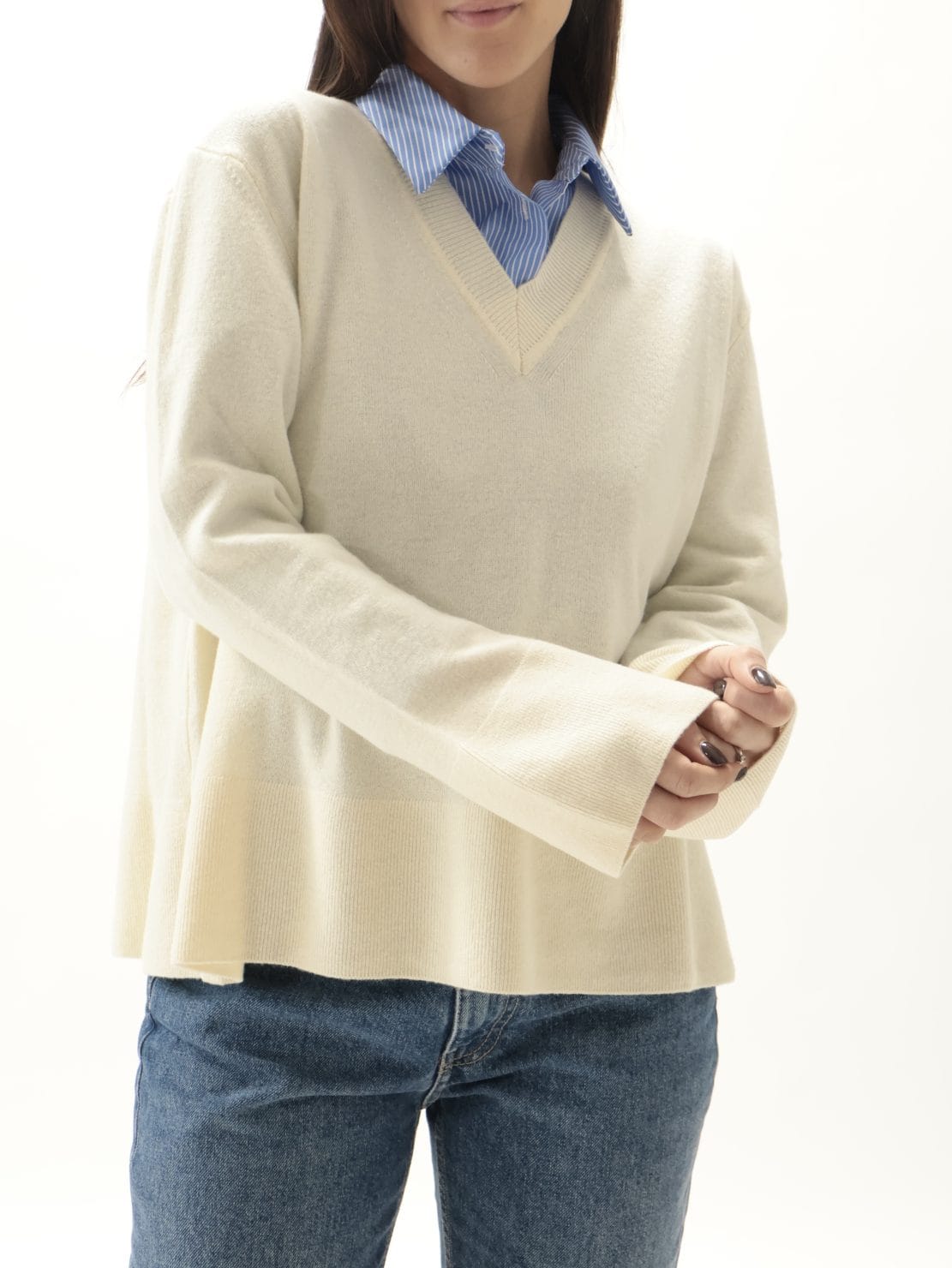 Maglione scollo V 100% lana vergine panna