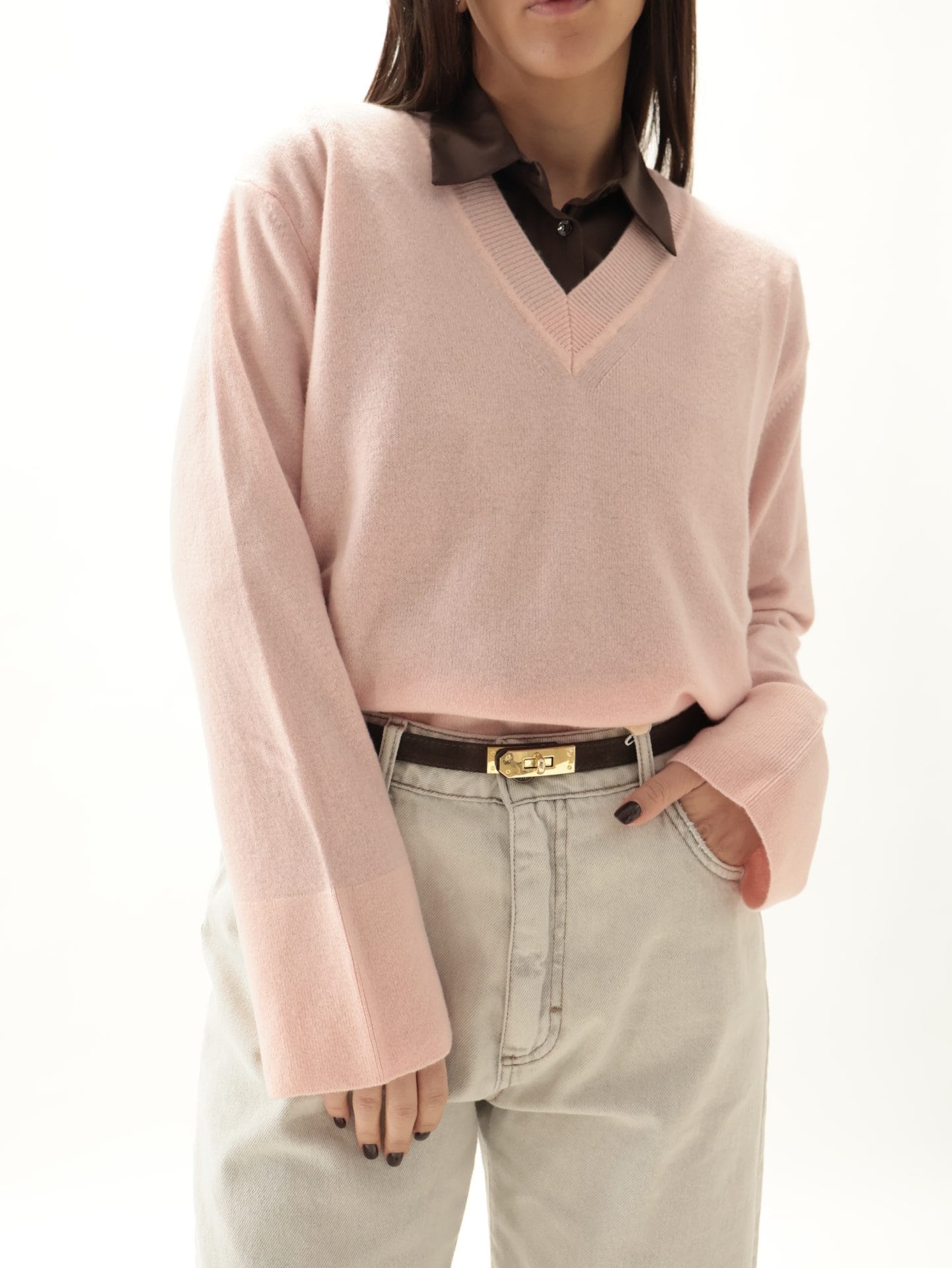 Maglione scollo V 100% lana vergine rosa