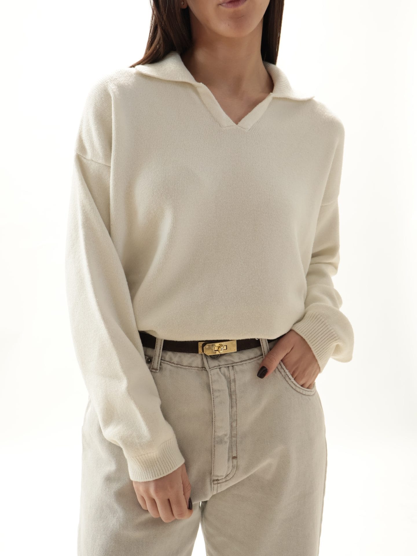 Polo in maglia manica lunga panna