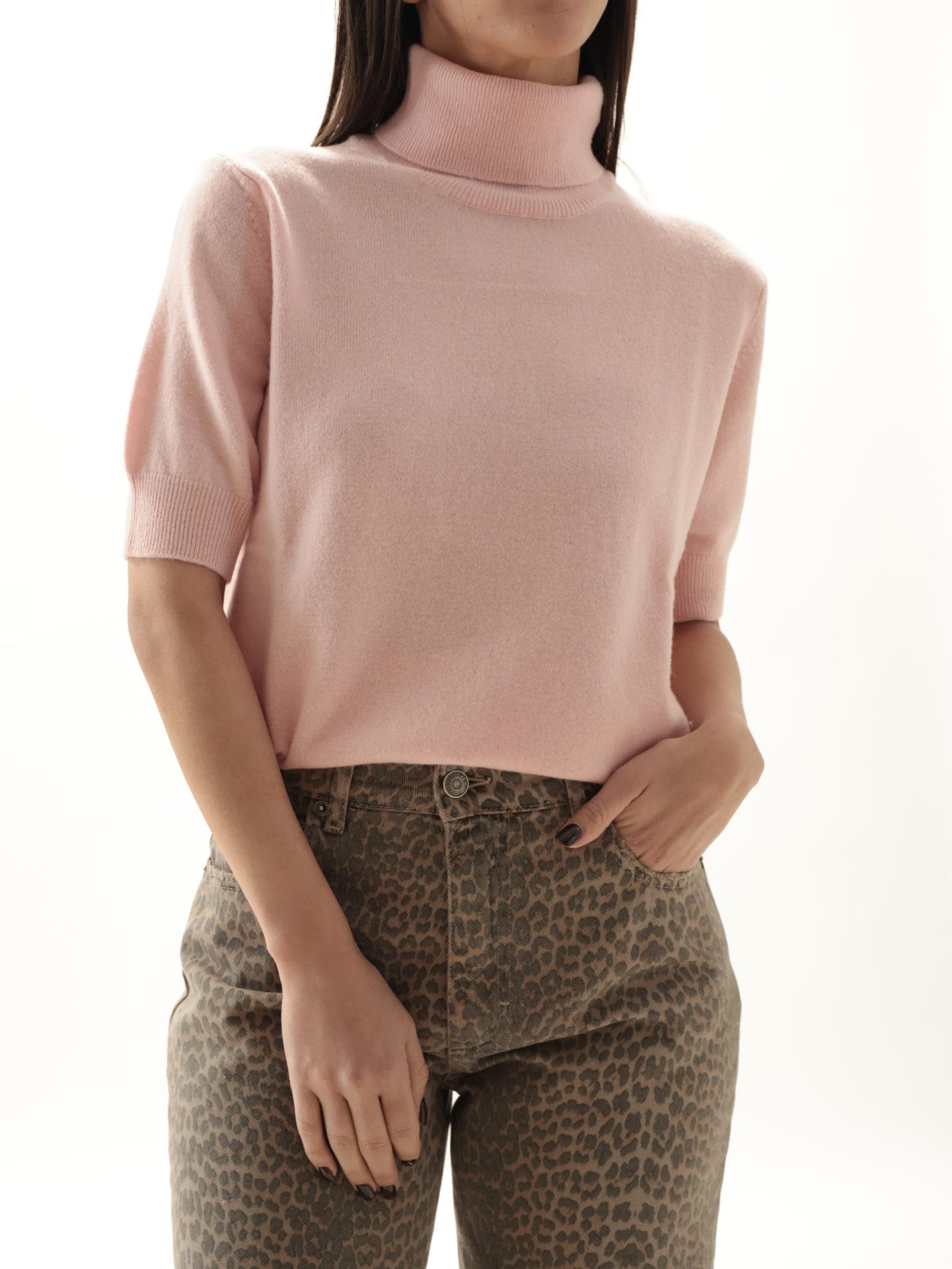 Dolcevita mezza manica 100% lana vergine rosa