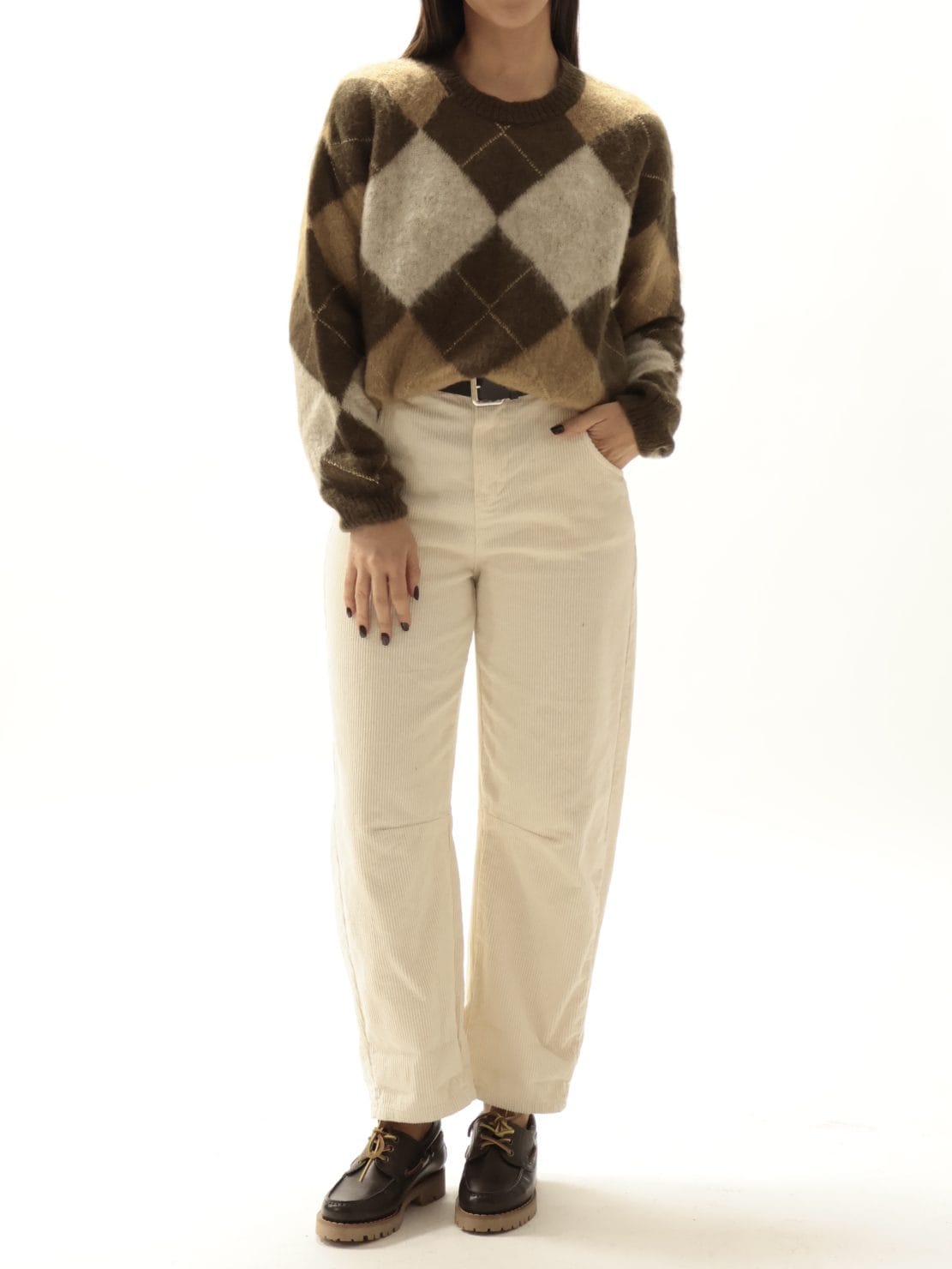 Maglione rombi cioccolato/panna lurex oro