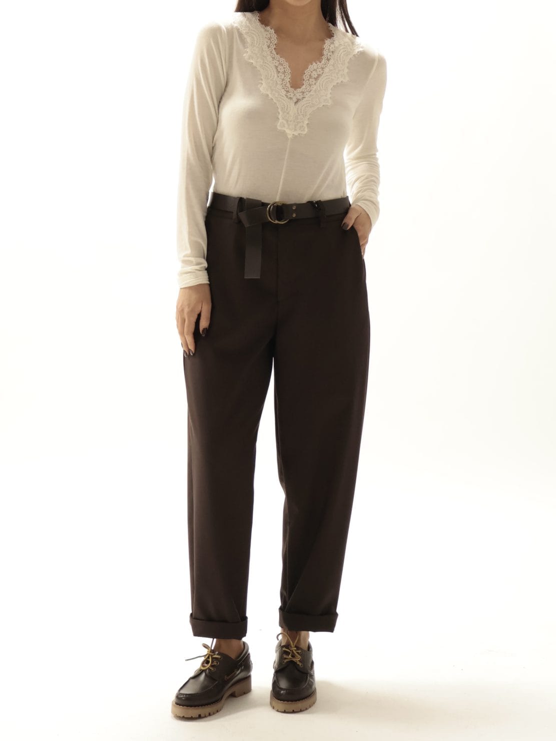 Maglia scollo pizzo panna