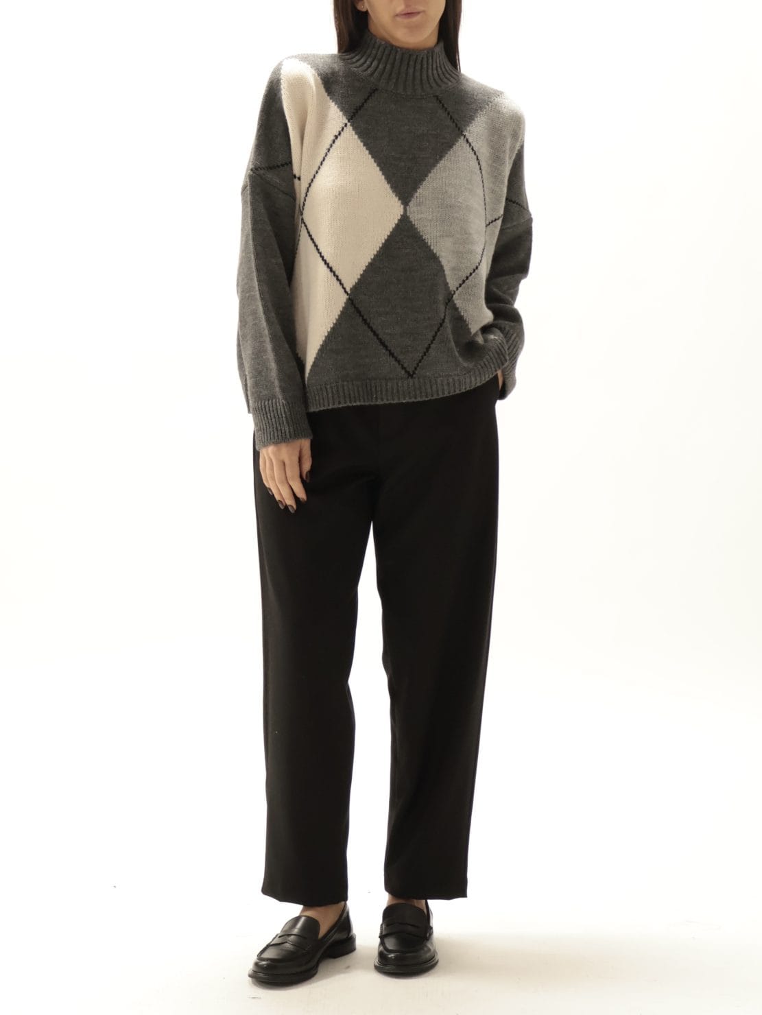 Maglione rombi antracite/panna/grigio