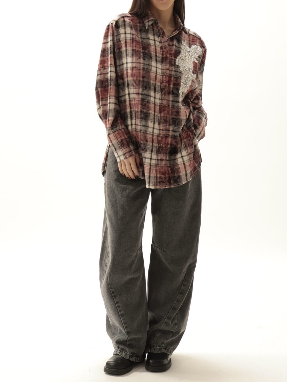 Camicia flanella check con patch bordeaux