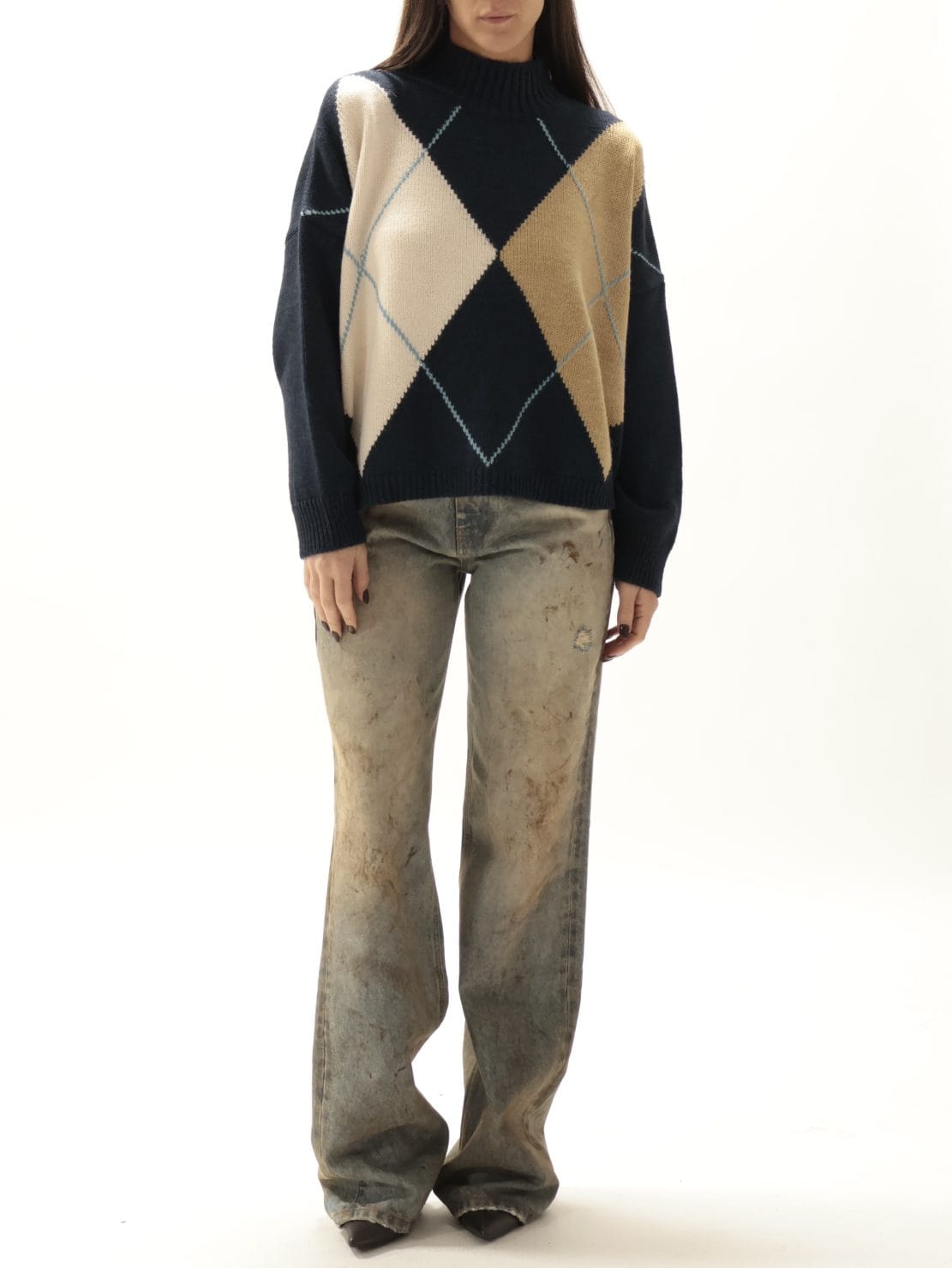 Maglione rombi blu/cammello/panna
