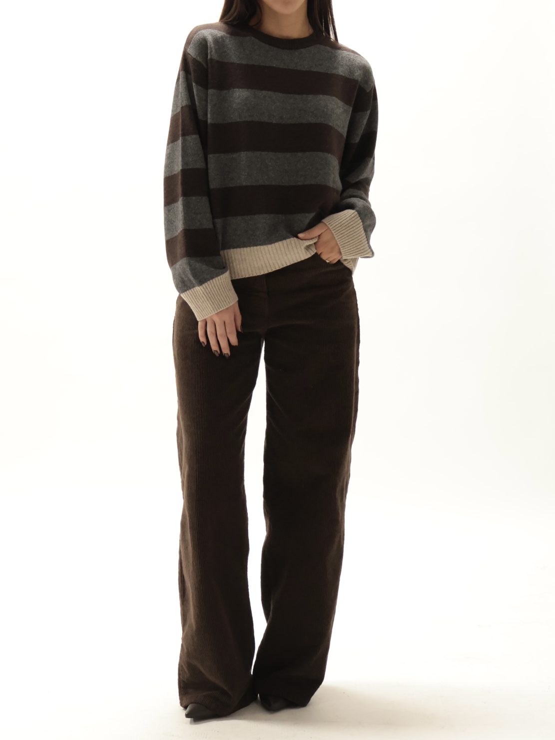 Maglione righe beige/moro/grigio