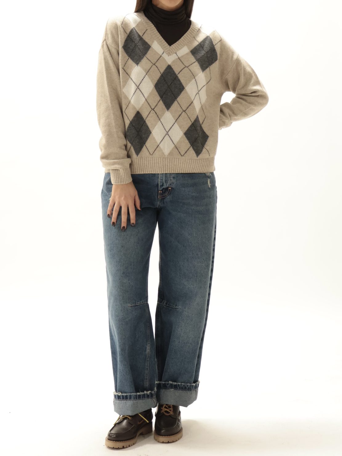 Maglione scollo V rombi beige/antracite/panna