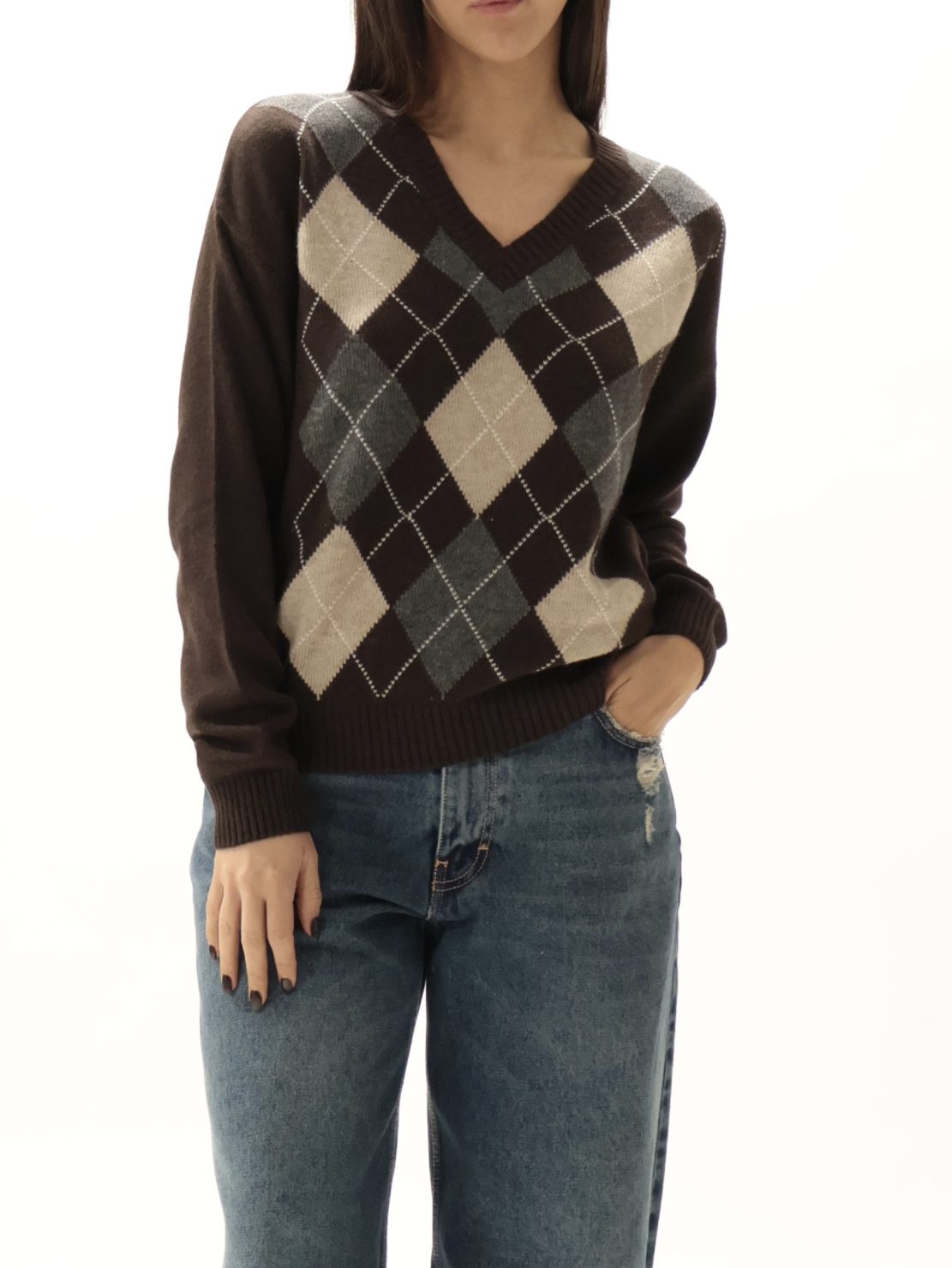 Maglione scollo V rombi beige/moro/antracite