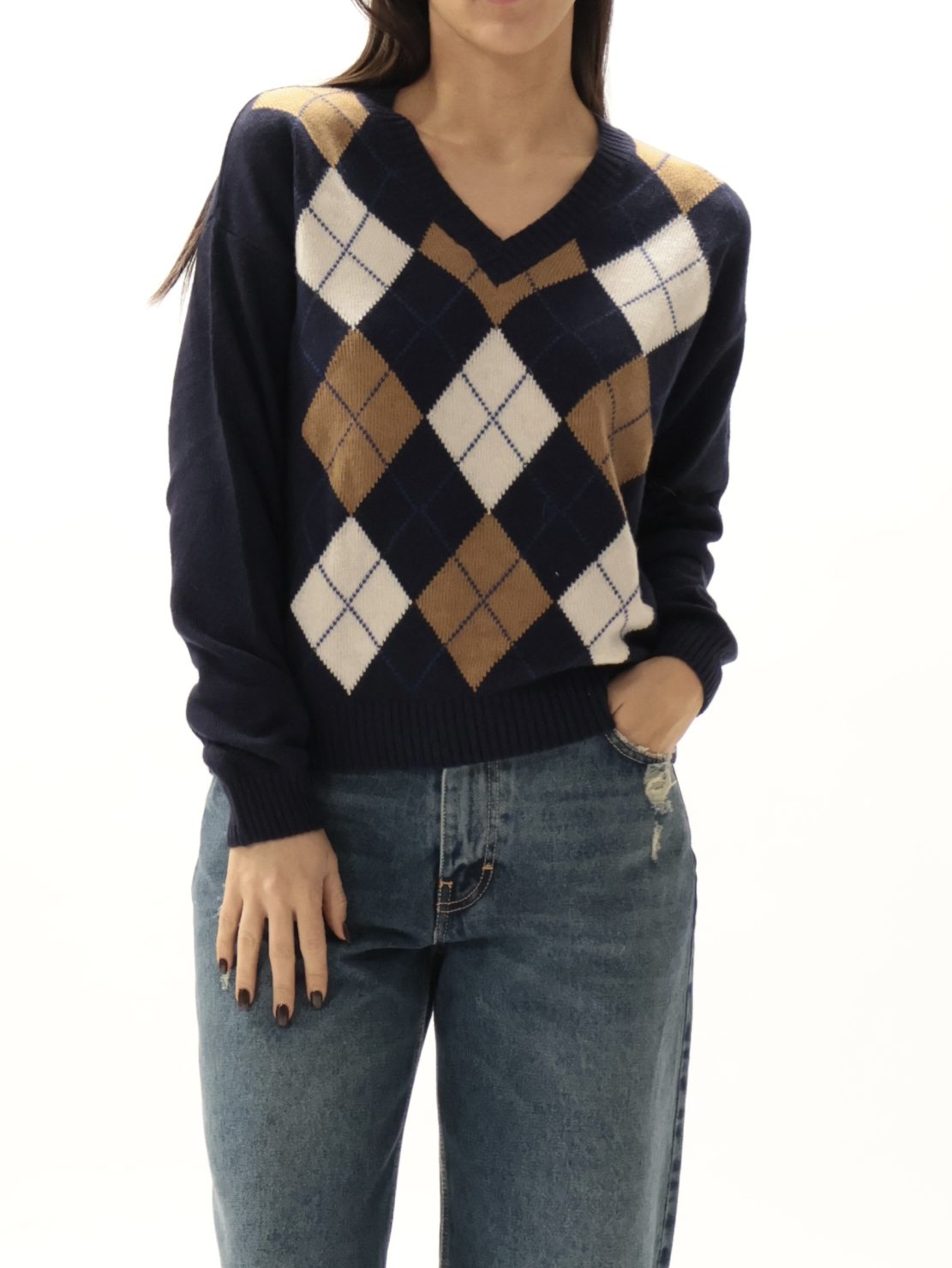 Maglione scollo V rombi blu/panna/cammello