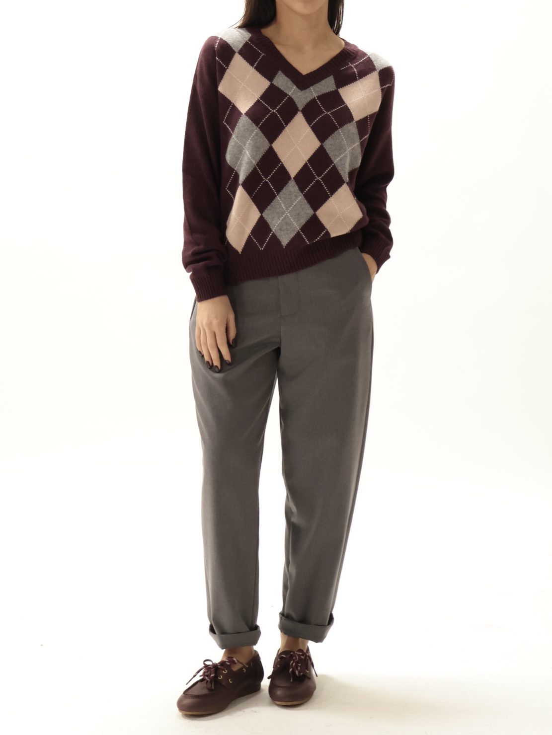 Maglione scollo V rombi bordeaux/rosa/grigio