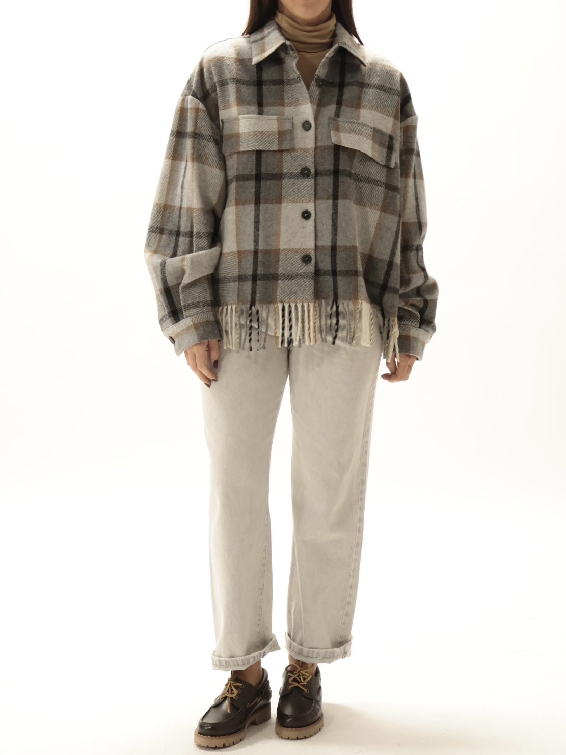 Camicia quadro frange grigio/cammello