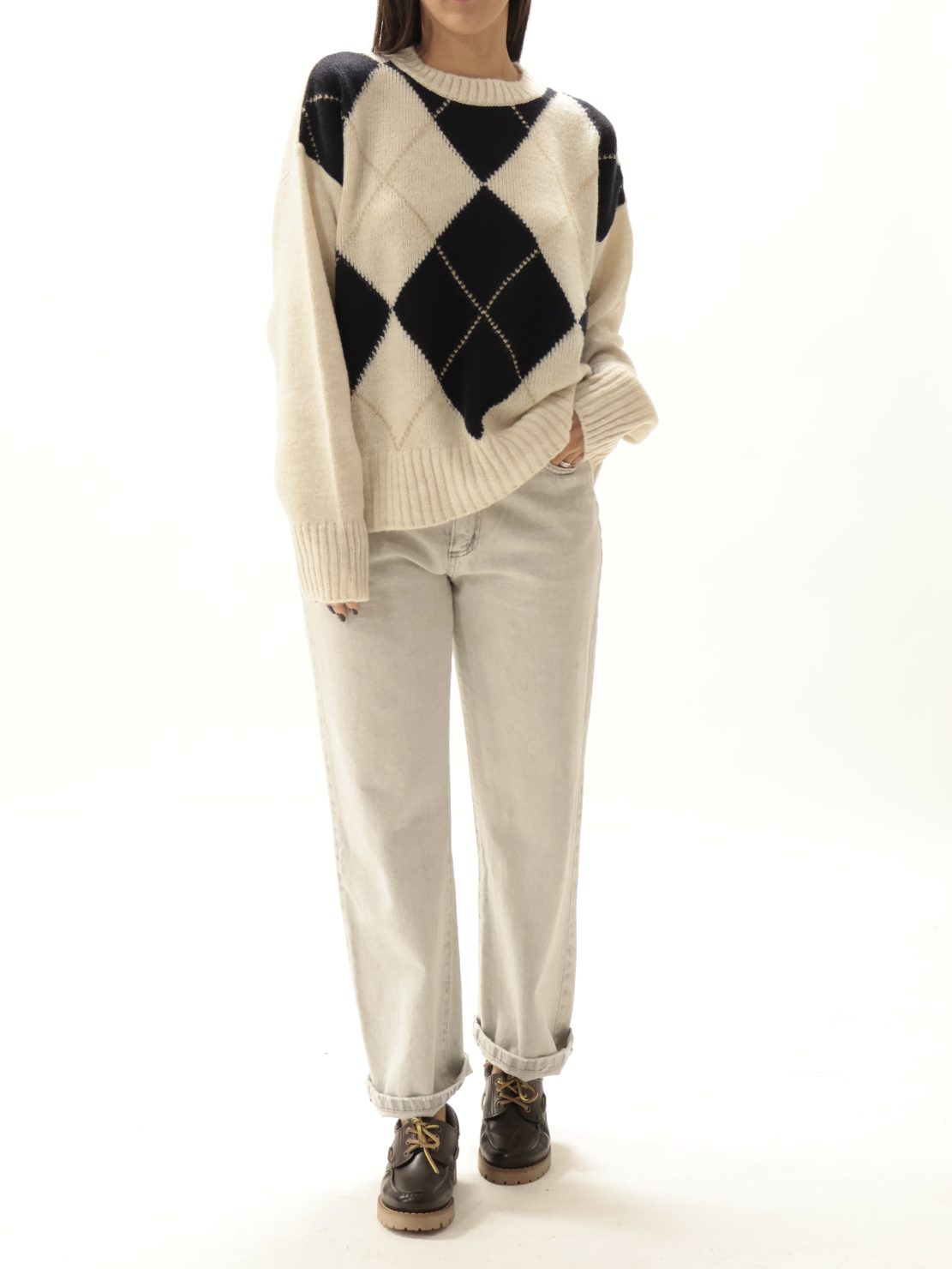 Maglione intarsio rombi panna/blu