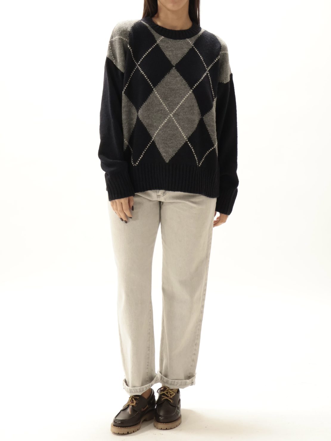 Maglione intarsio rombi blu/grigio