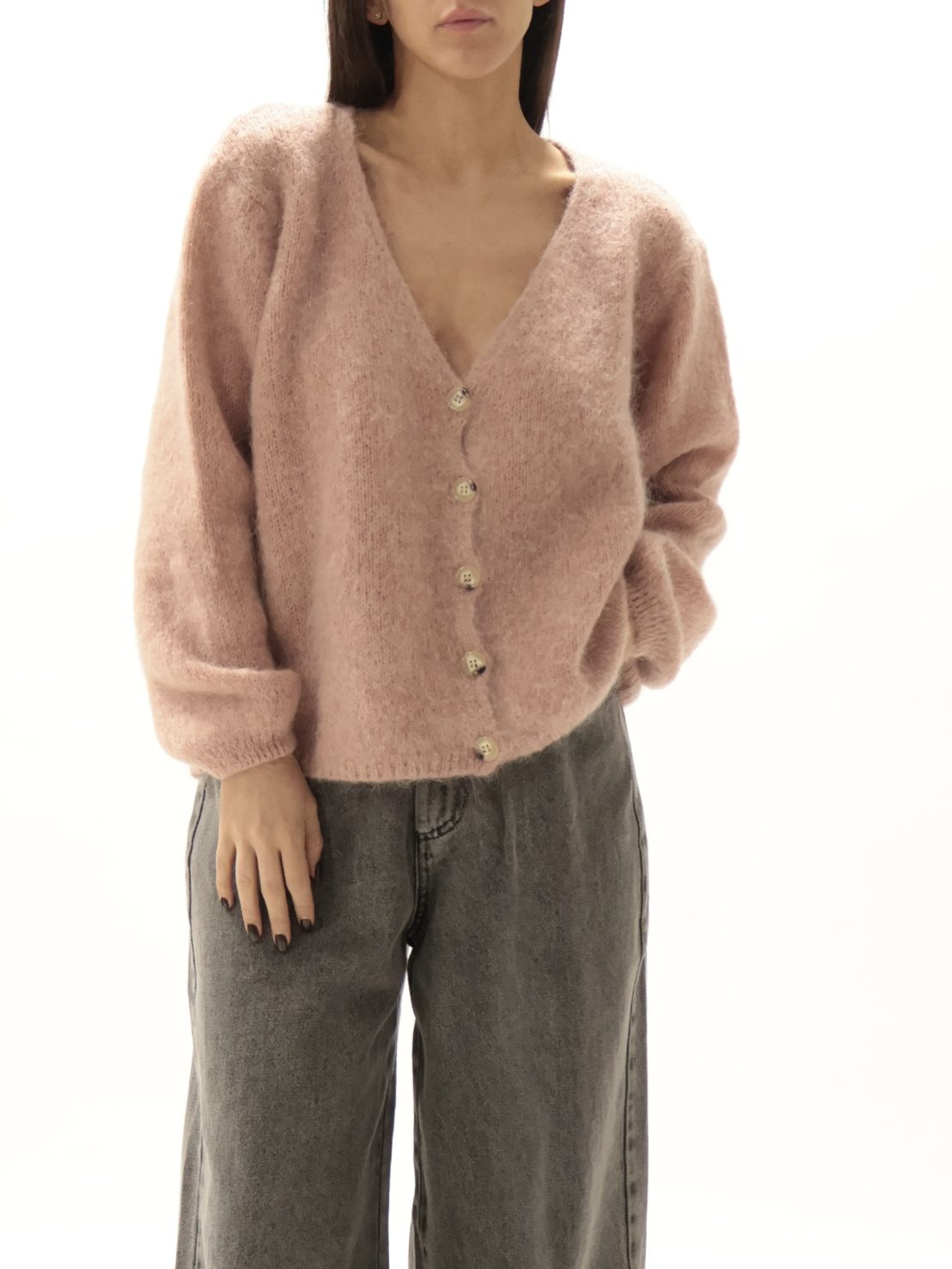 Cardigan scollo v kid mohair rosa