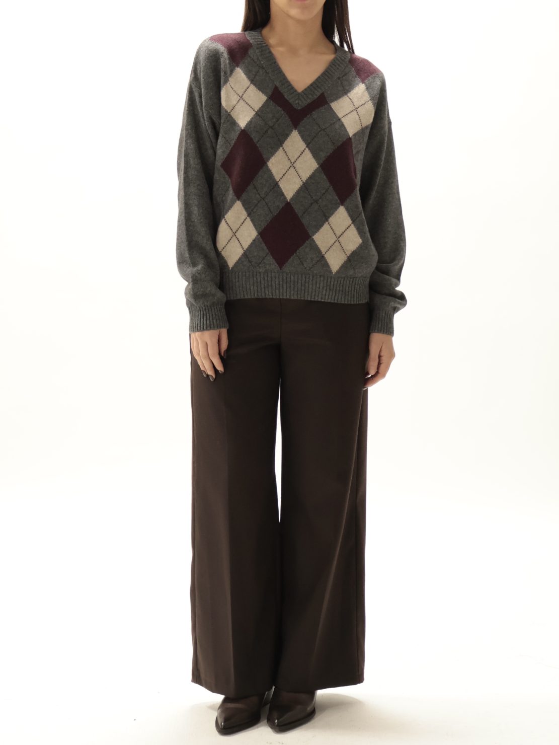 Maglione scollo V rombi antracite/bordeaux/beige