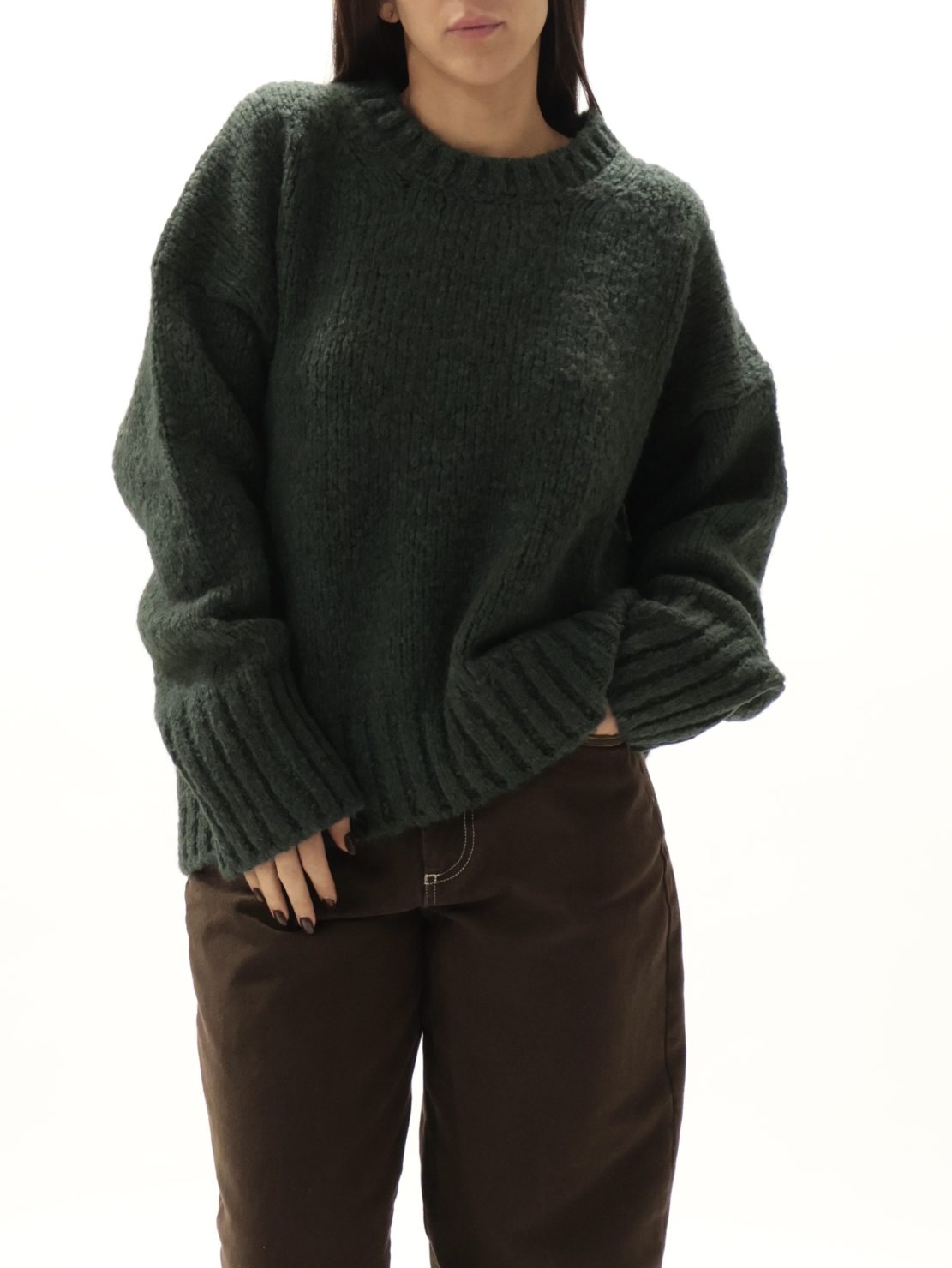 Maglione girocollo orli coste verde bottiglia