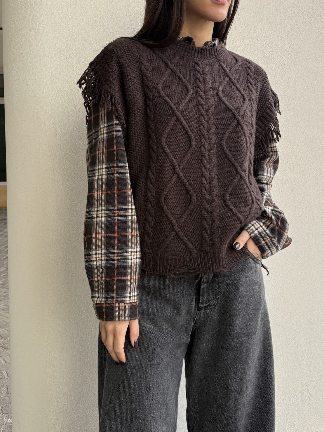 Gilet trecce girocollo moro