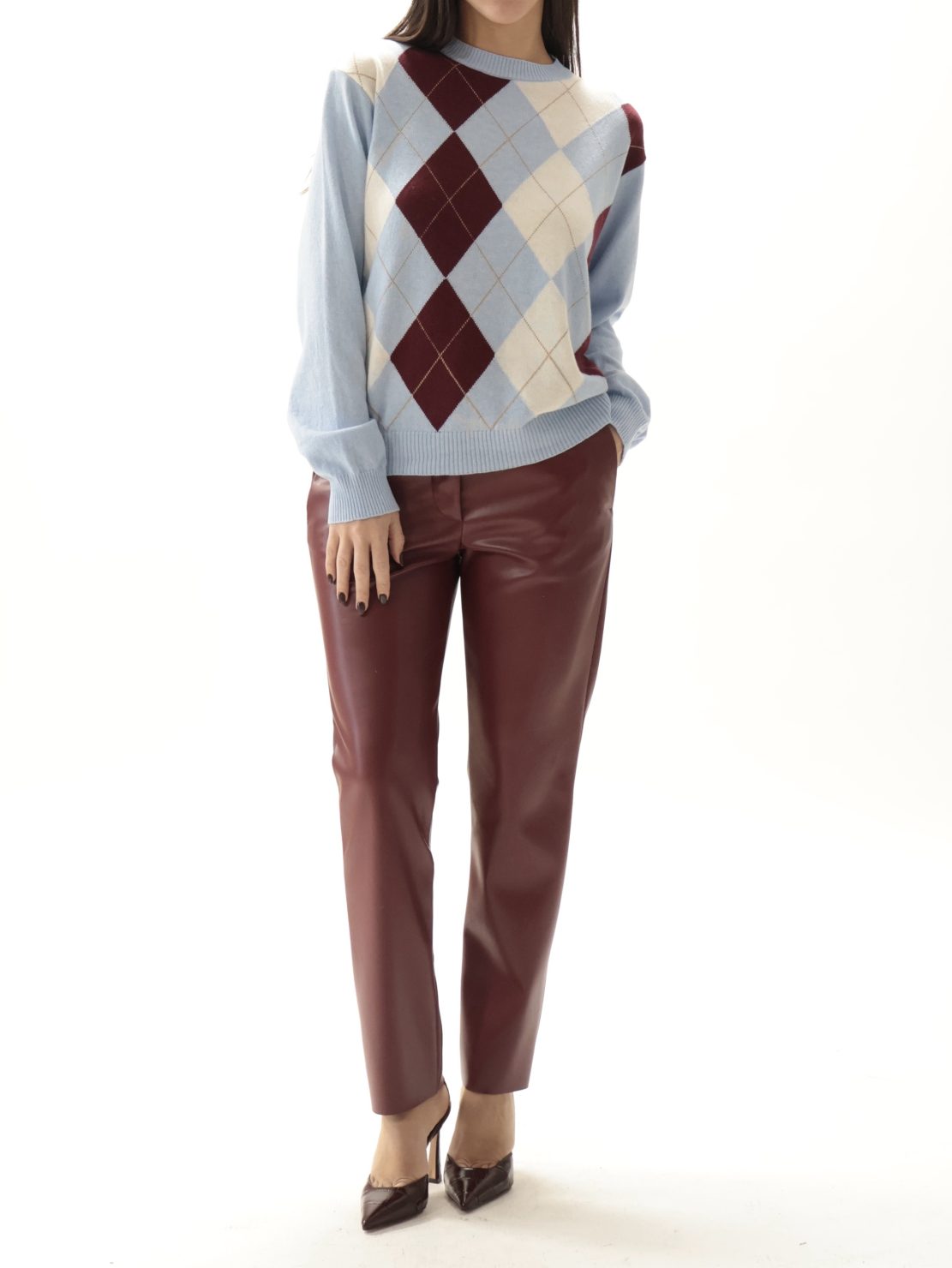 Maglione rombi celeste/bordeaux/panna