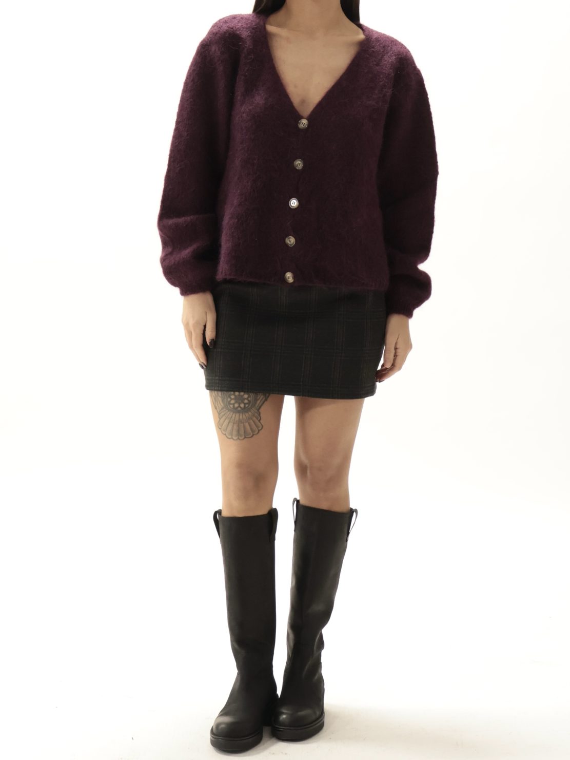 Cardigan scollo V kid mohair melanzana