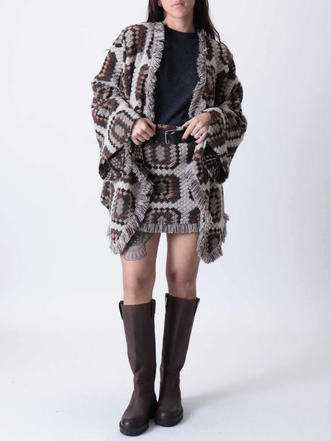 Cardigan spilla fantasia quadri moro/panna