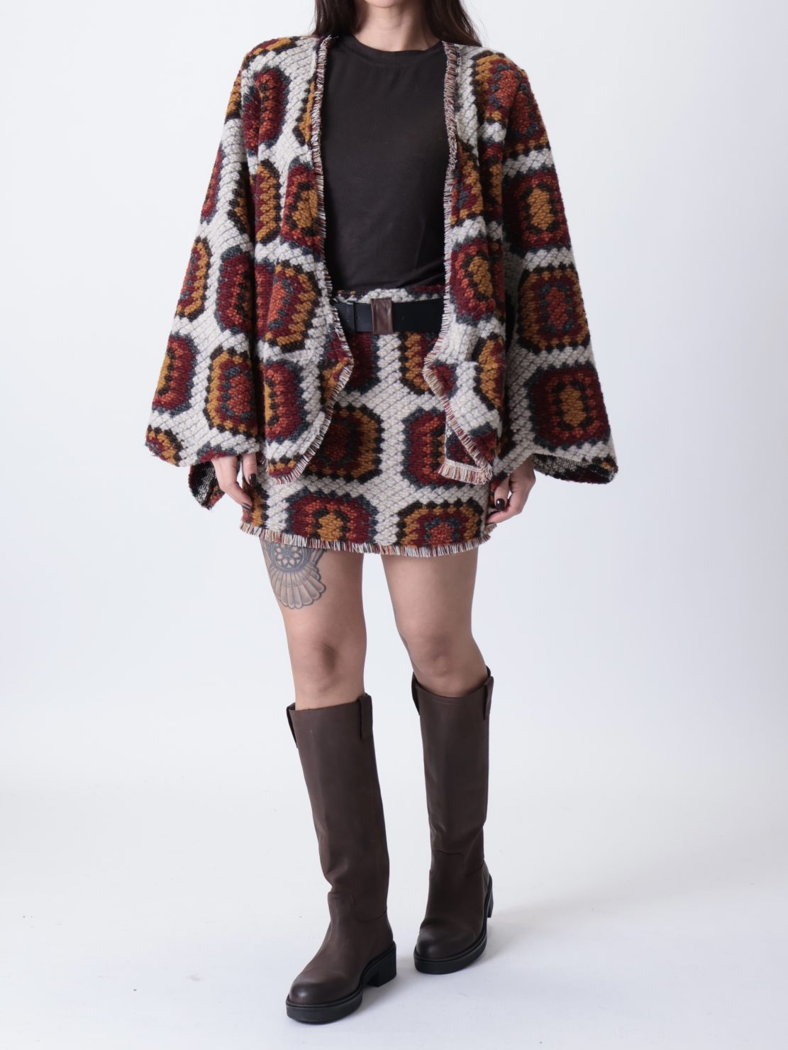 Cardigan spilla fantasia quadri  arancio/bordeaux