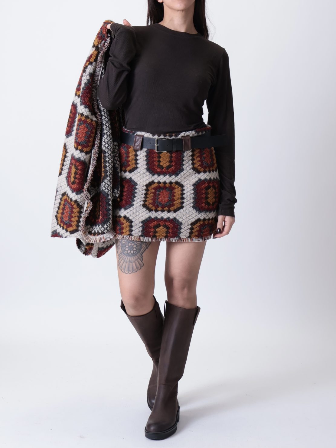 Gonna fantasia quadri arancio/bordeaux