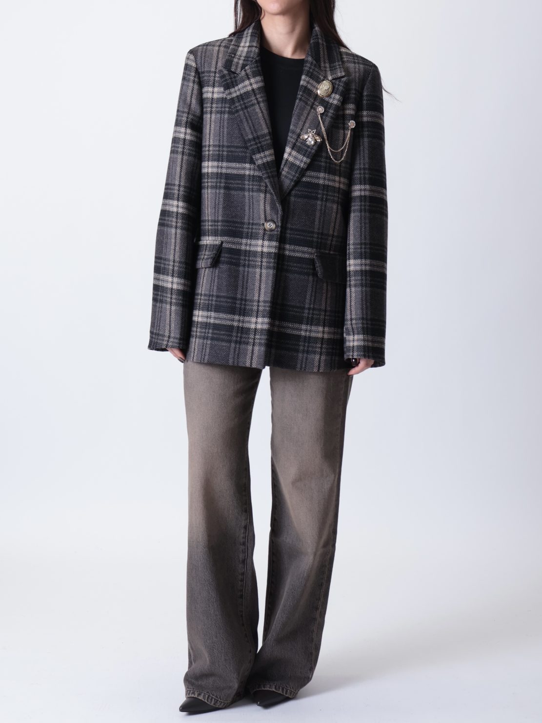 Giacca tartan spille nero/grigio