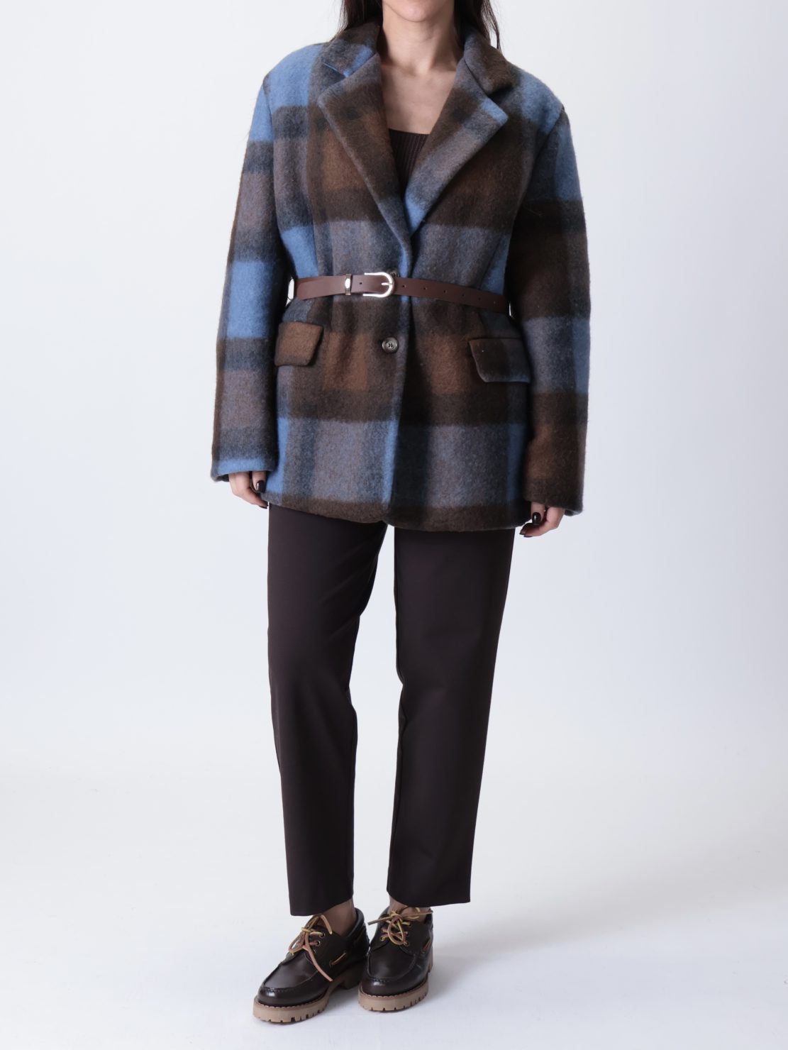 Cappotto corto quadri cintura azzurro/cammello