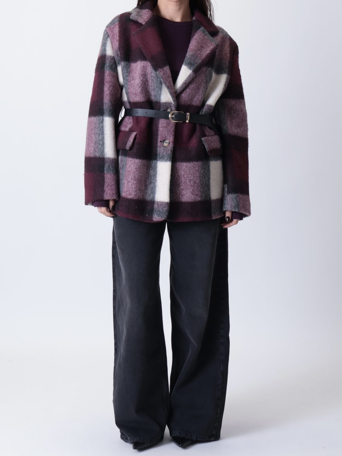 Cappotto corto quadri cintura vino/panna