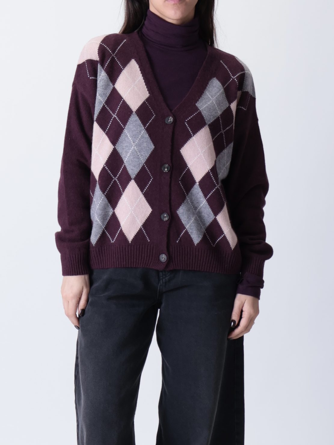 Cardigan rombi bordeaux/rosa/grigio