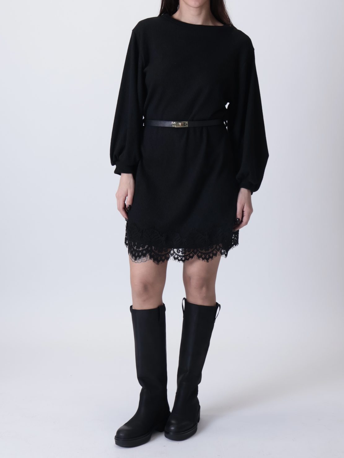 Abito costine pizzo con cintura nero