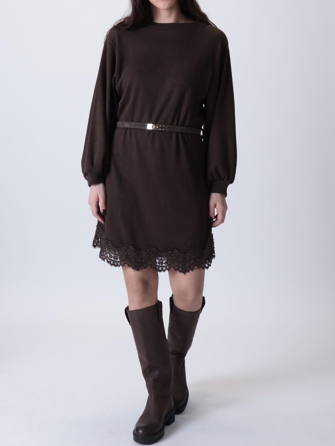 Abito costine pizzo con cintura moro