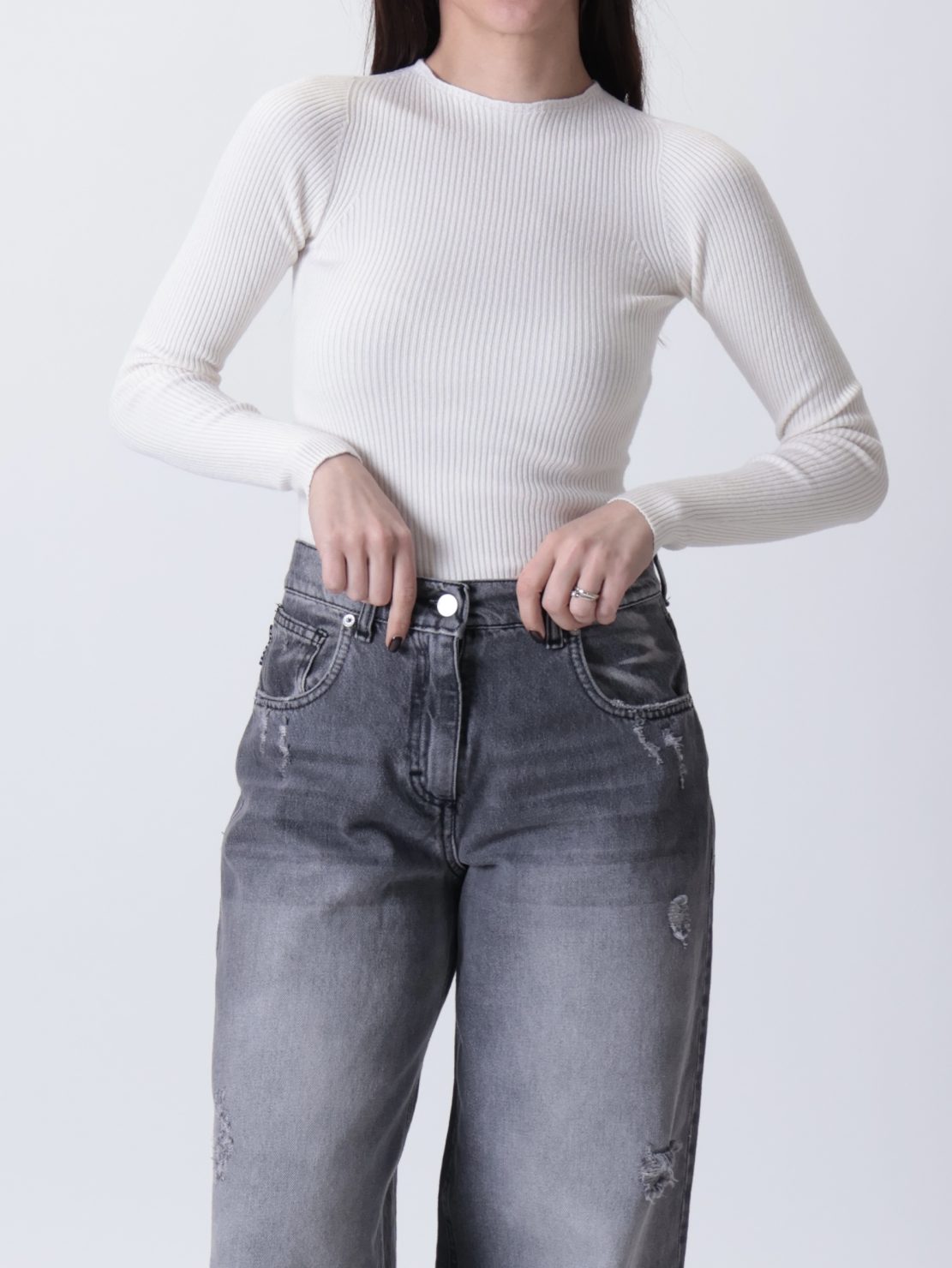 Maglia costine slim panna