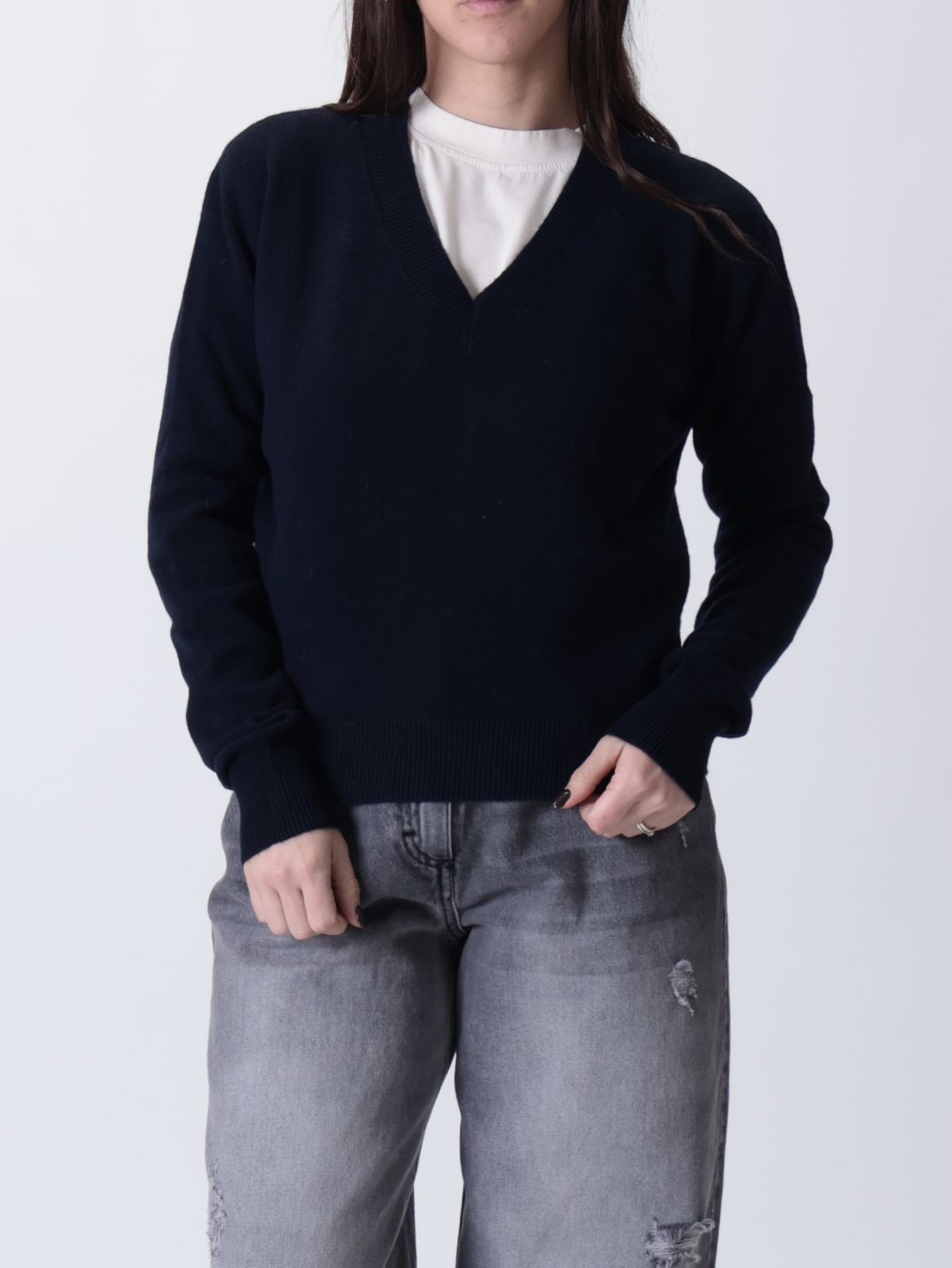 Maglione scollo V 100% lana  blu