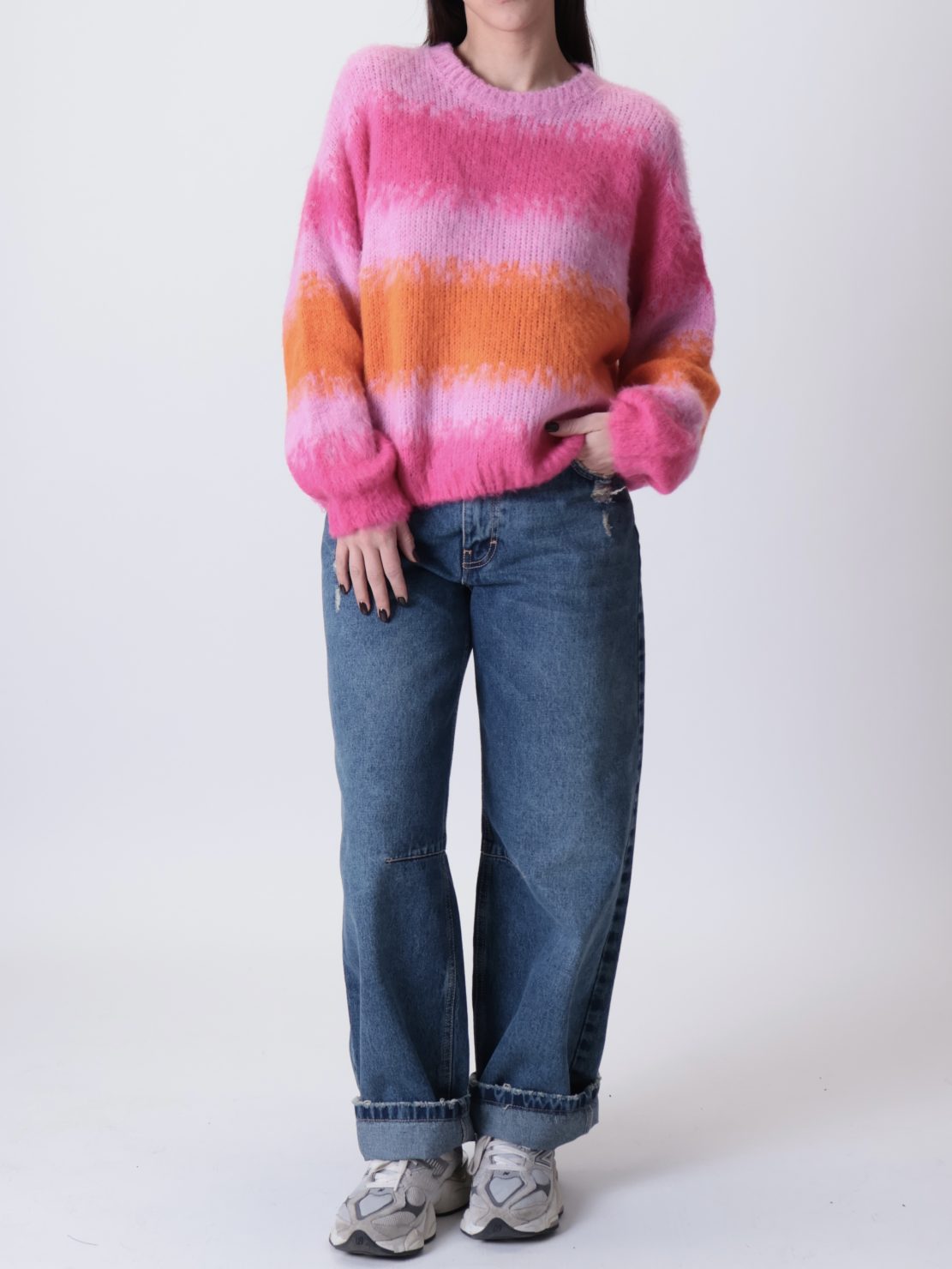 Maglione rosa garzato  righe fucsia/arancio