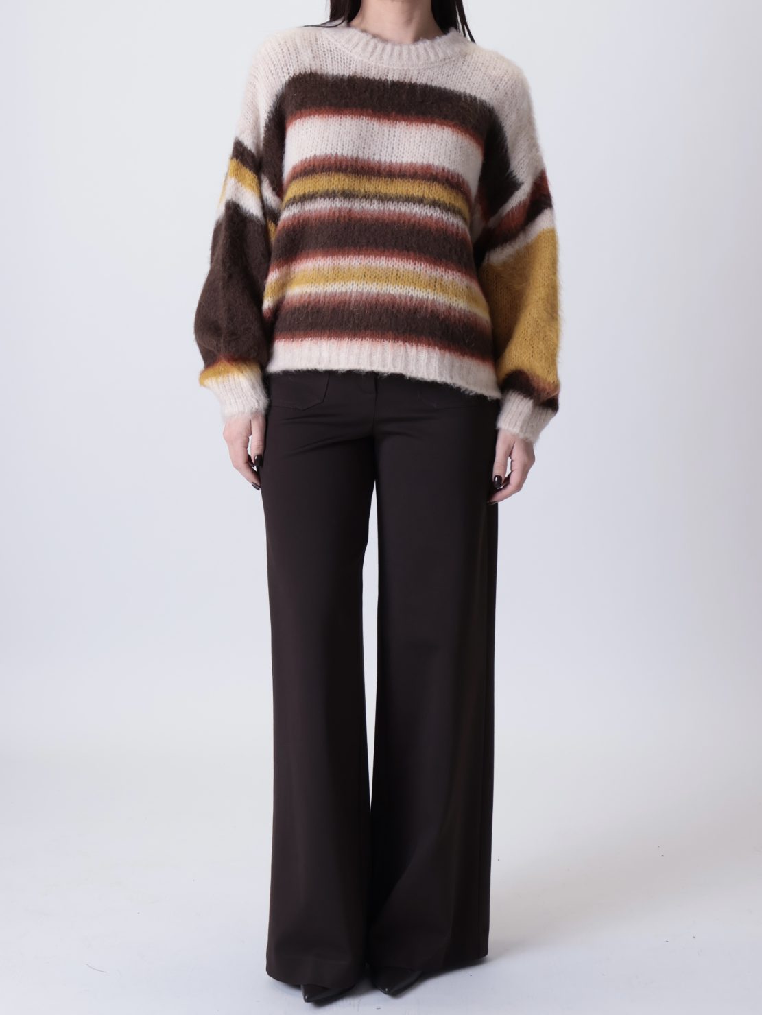 Maglione panna garzato righe moro/senape