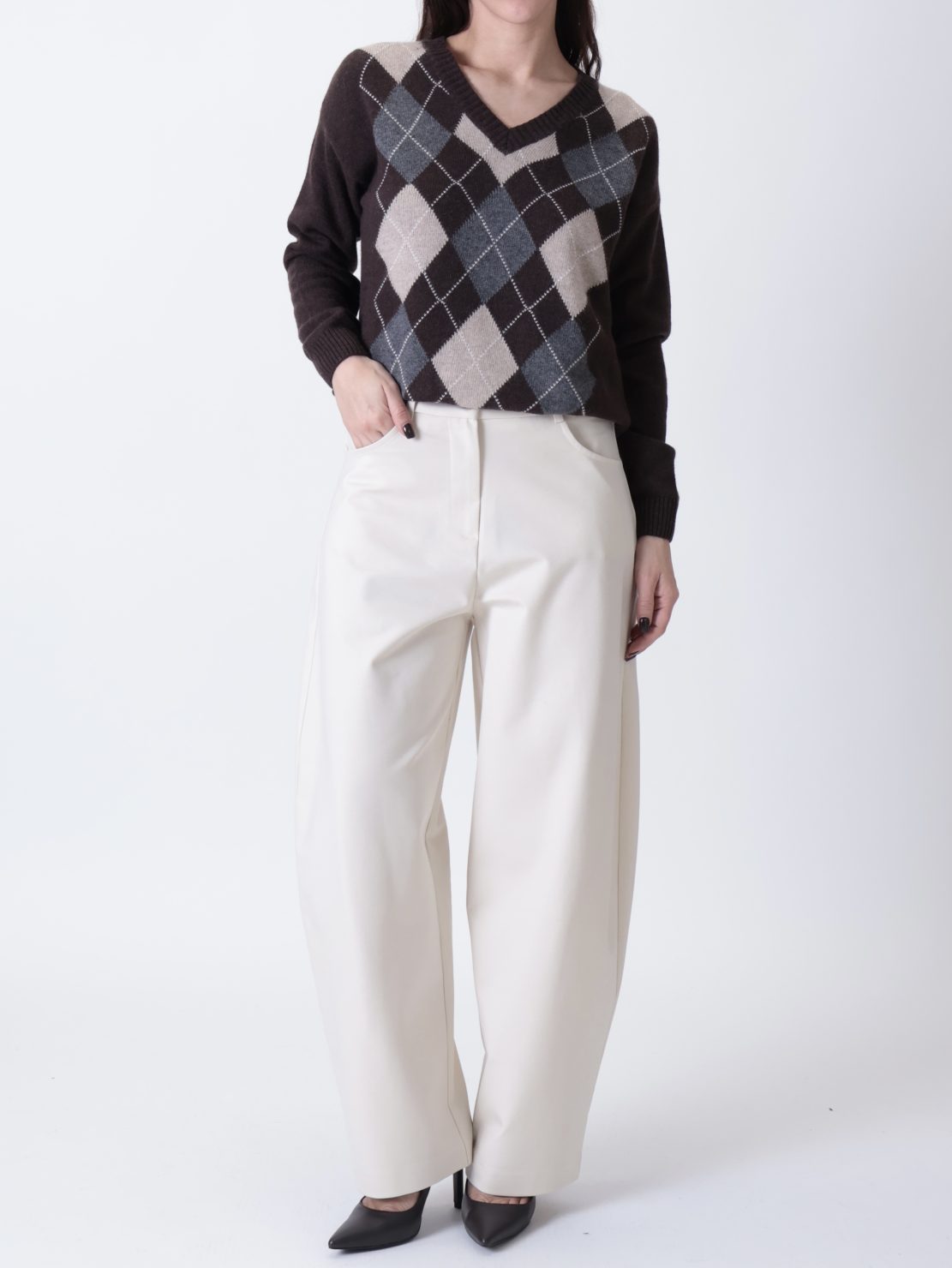 Pantalone barrel punto milano panna