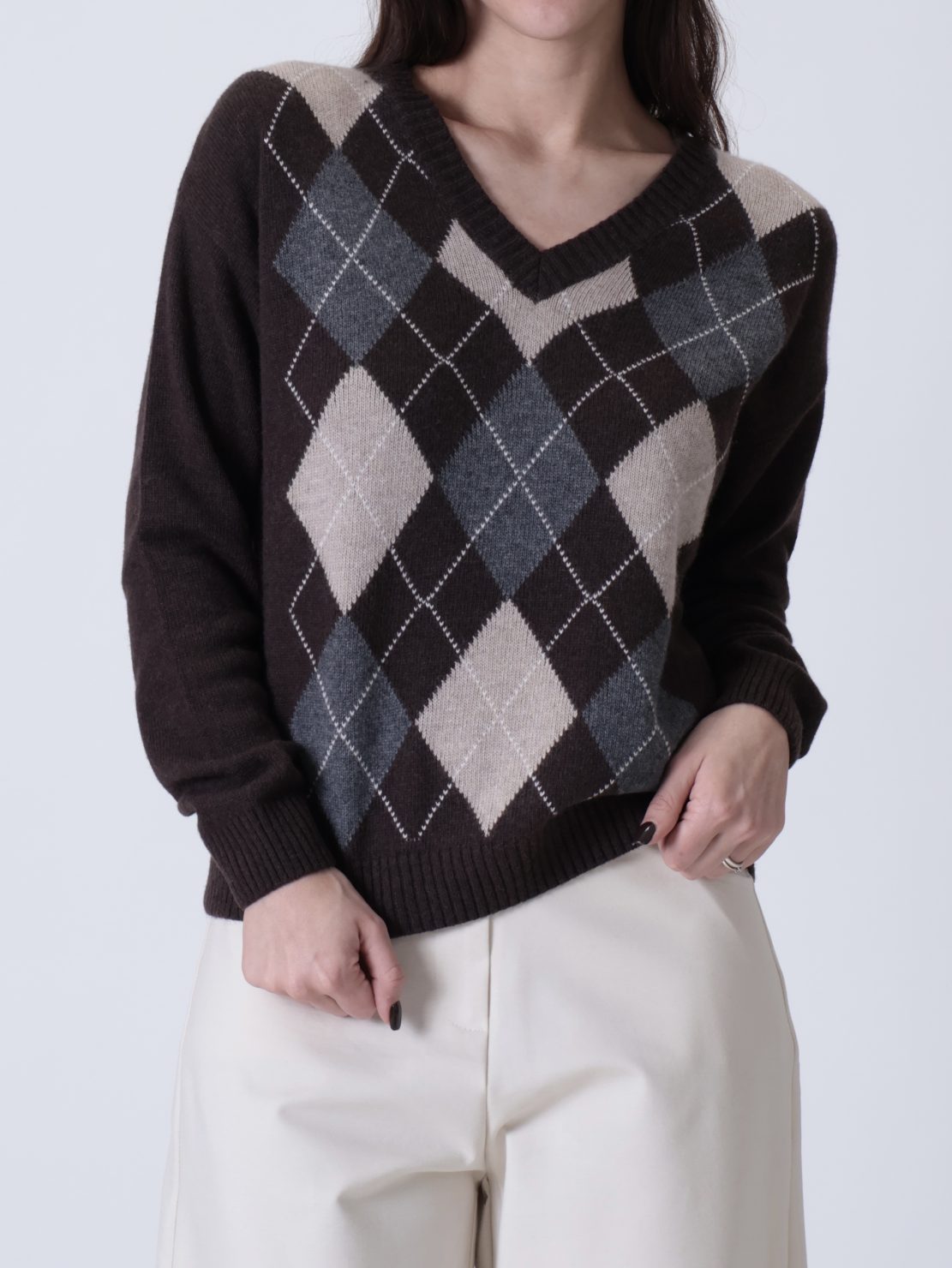 Maglione scollo V rombi beige/moro/antracite