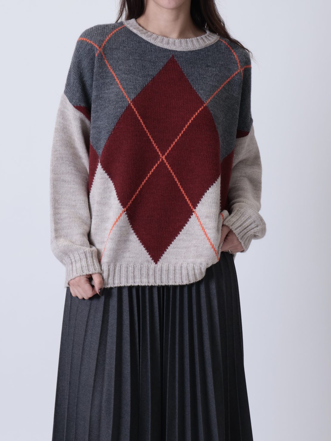 Maglione girocollo rombi beige/rubino/antracite