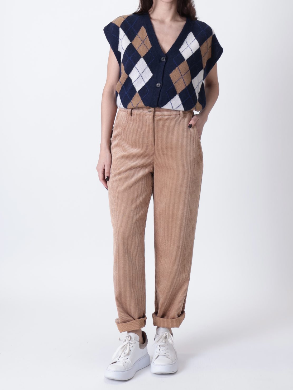 Pantalone elastico retro velluto cammello