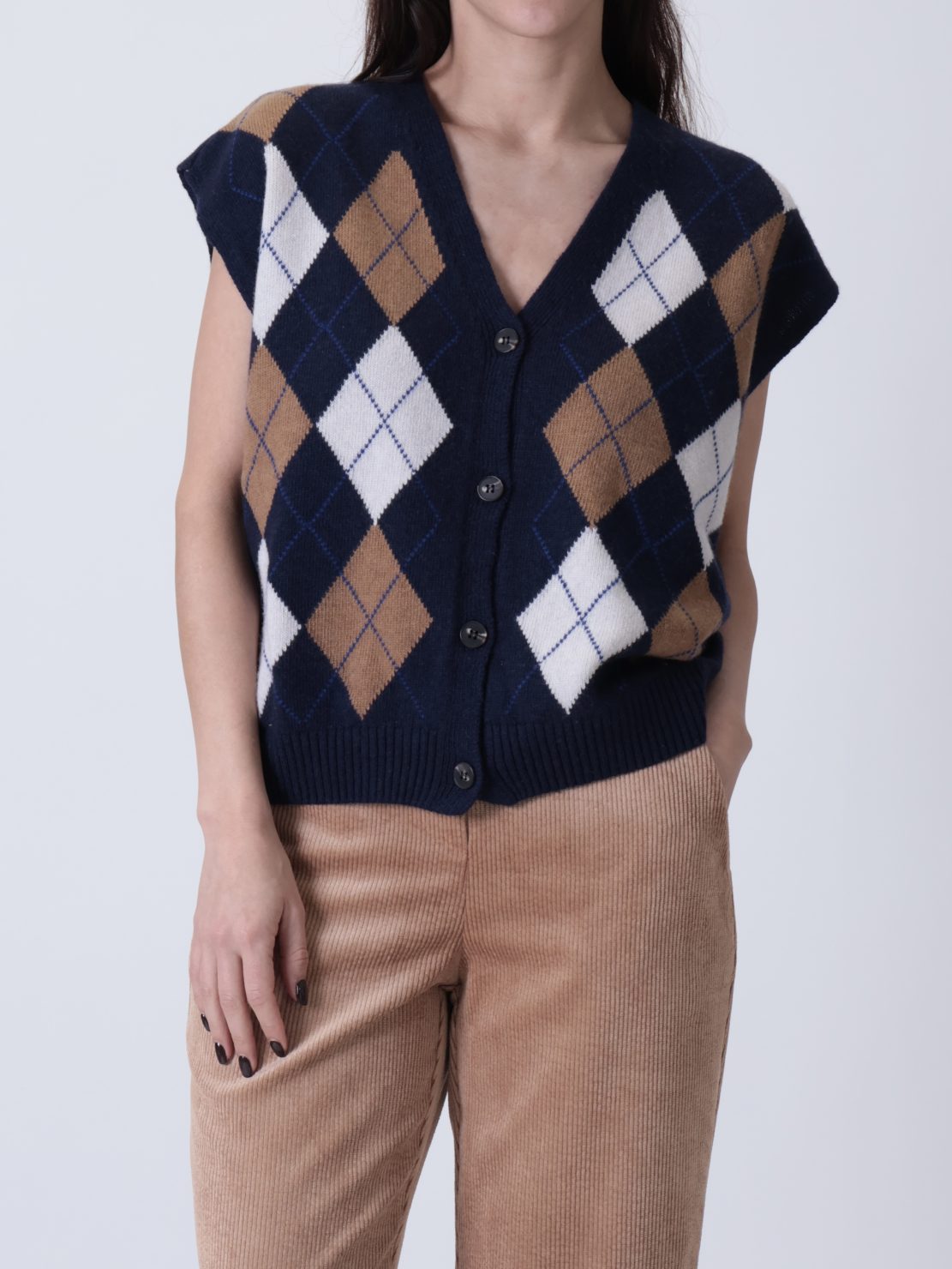 Gilet rombi blu/cammello/panna