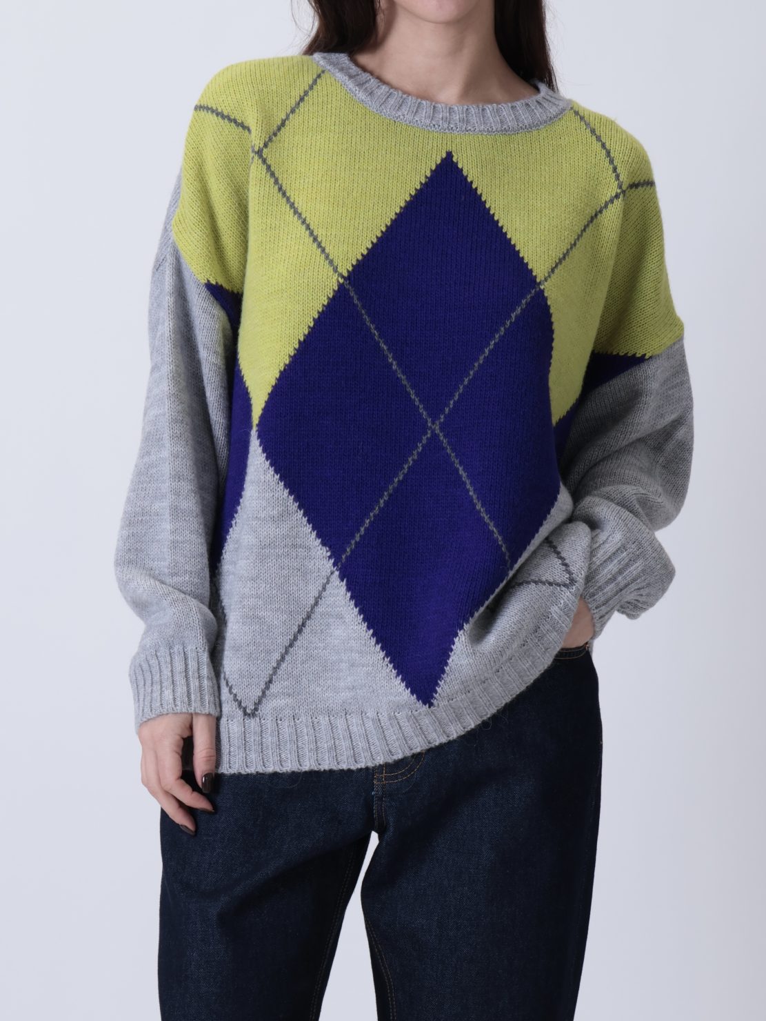 Maglione girocollo rombi grigio/viola/lime