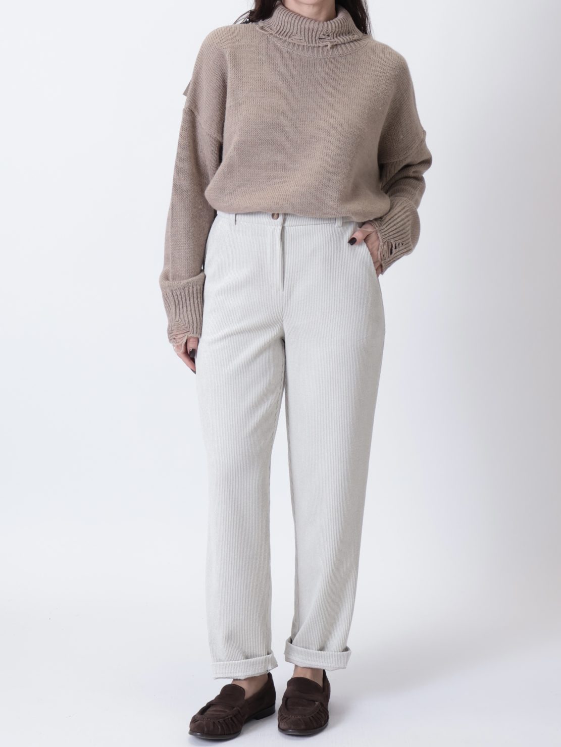 Pantalone elastico retro velluto panna