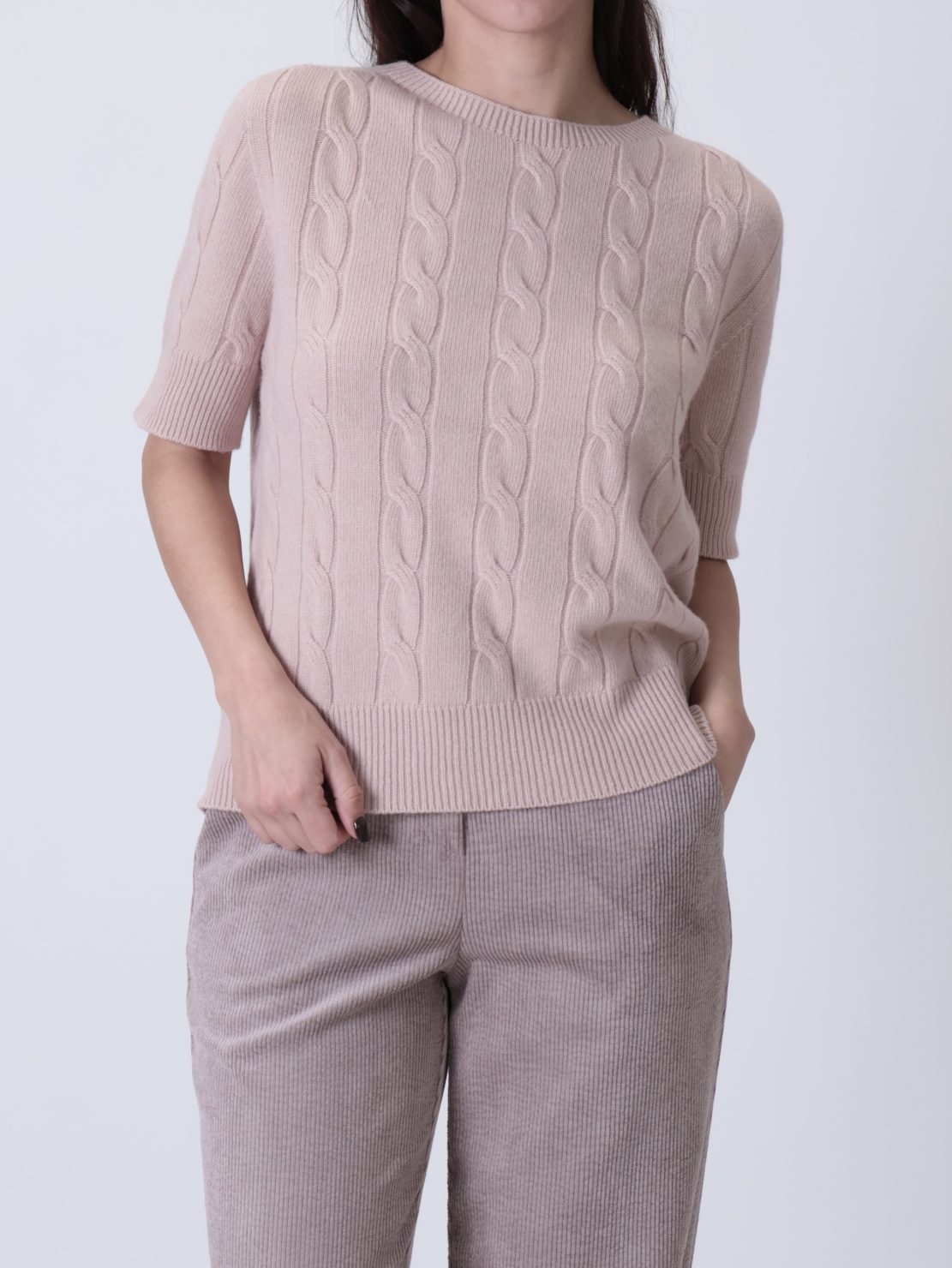 Pullover treccia manica corta cipria
