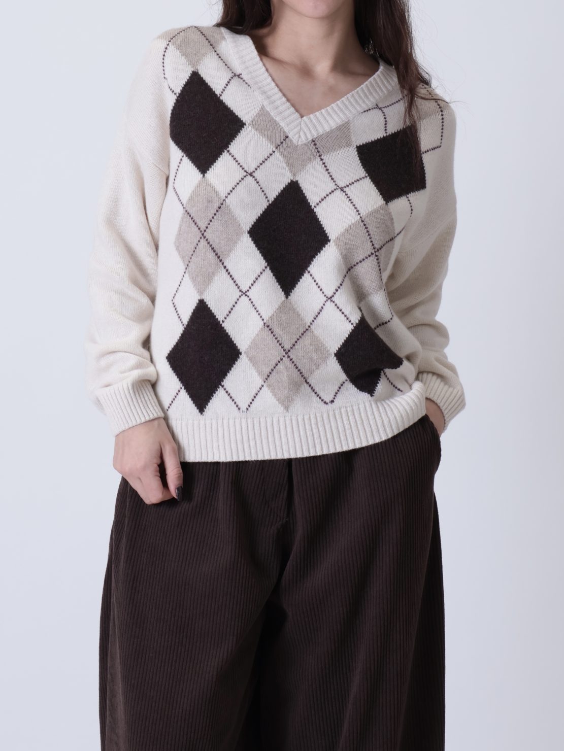 Maglione scollo V rombi panna/beige/moro