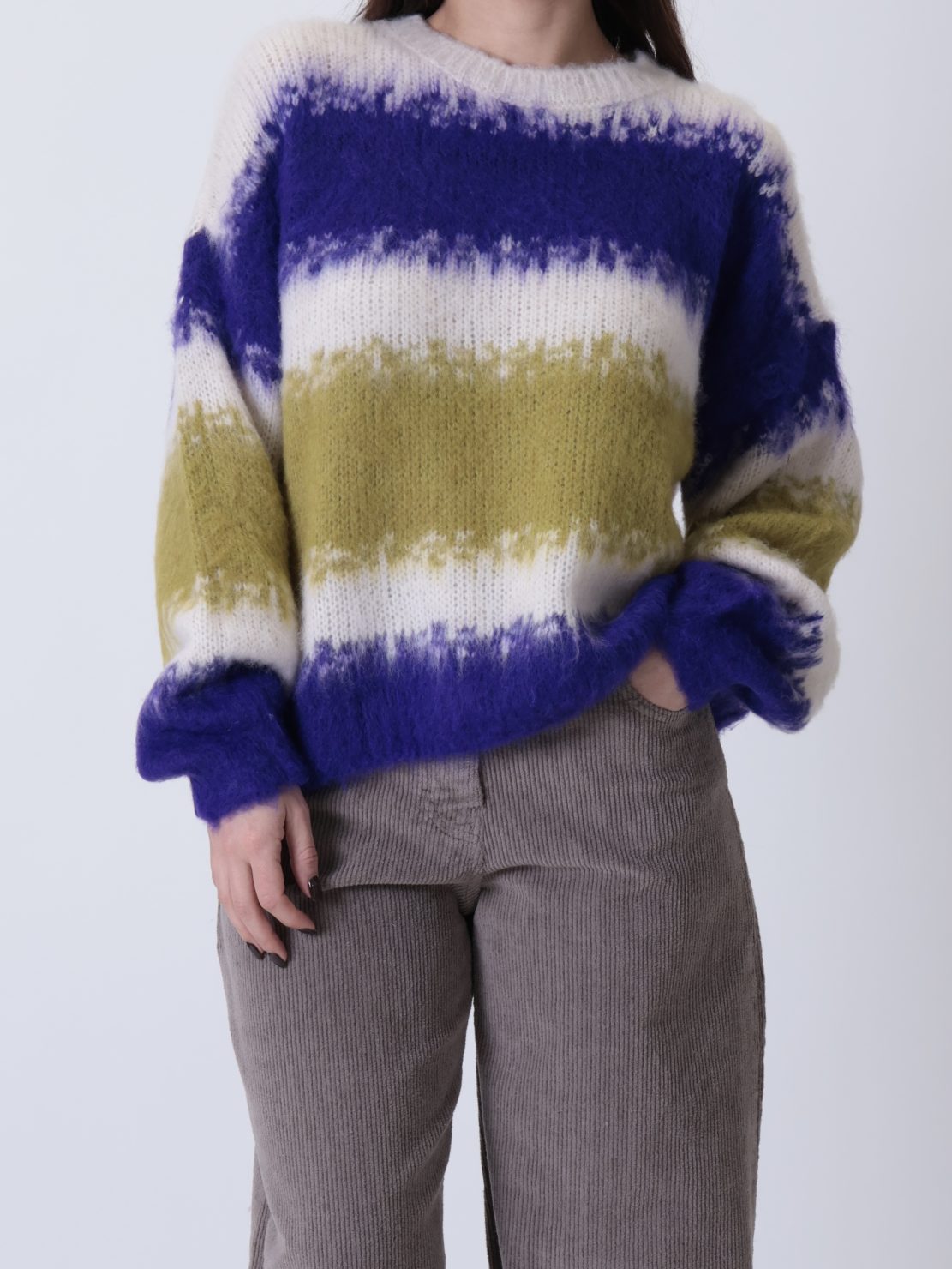 Maglione panna garzato righe viola/pistacchio