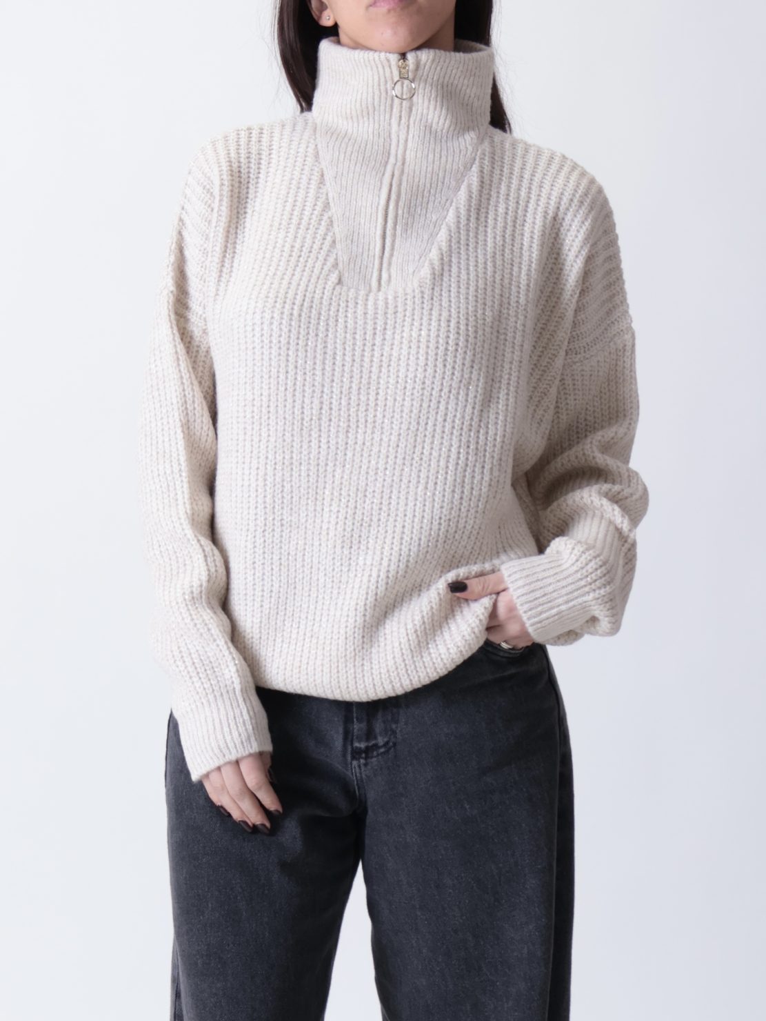 Pullover zip lurex panna