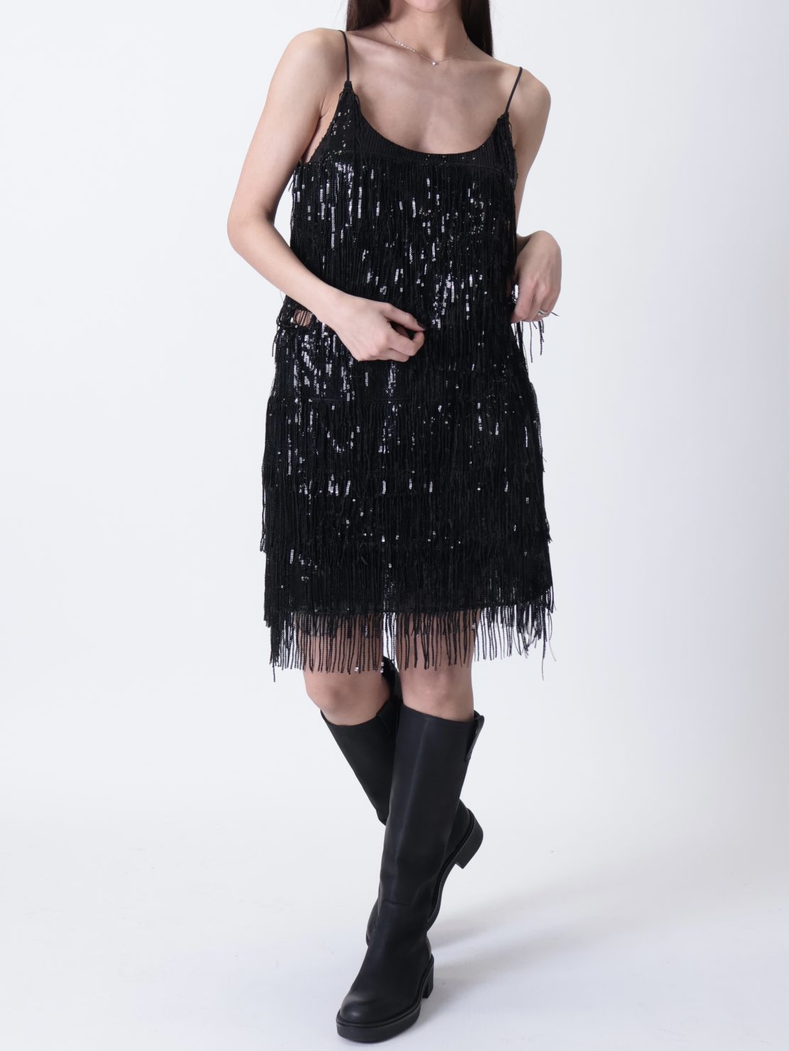 Top frange strass nero