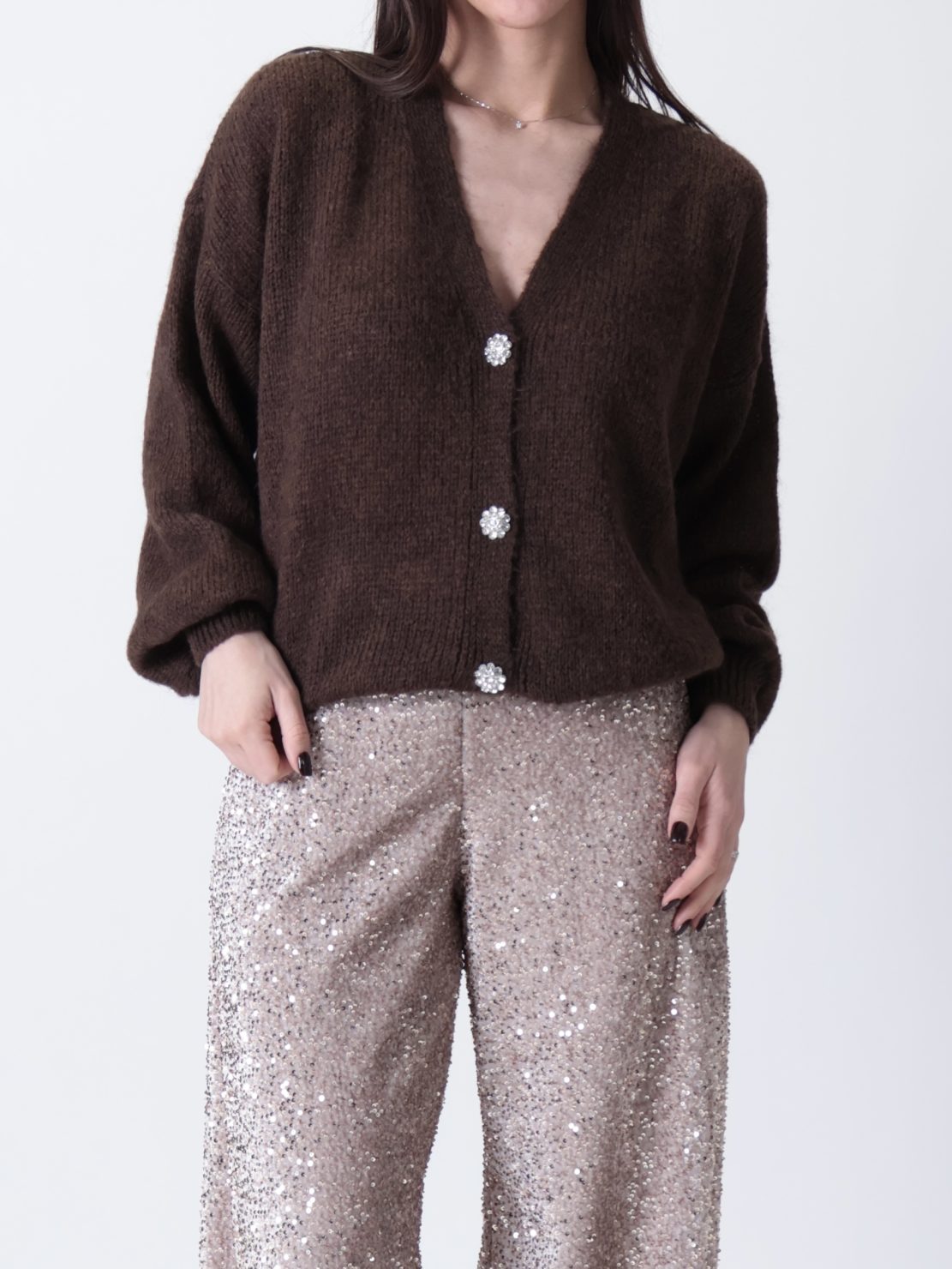 Cardigan bottoni gioiello fiore moro