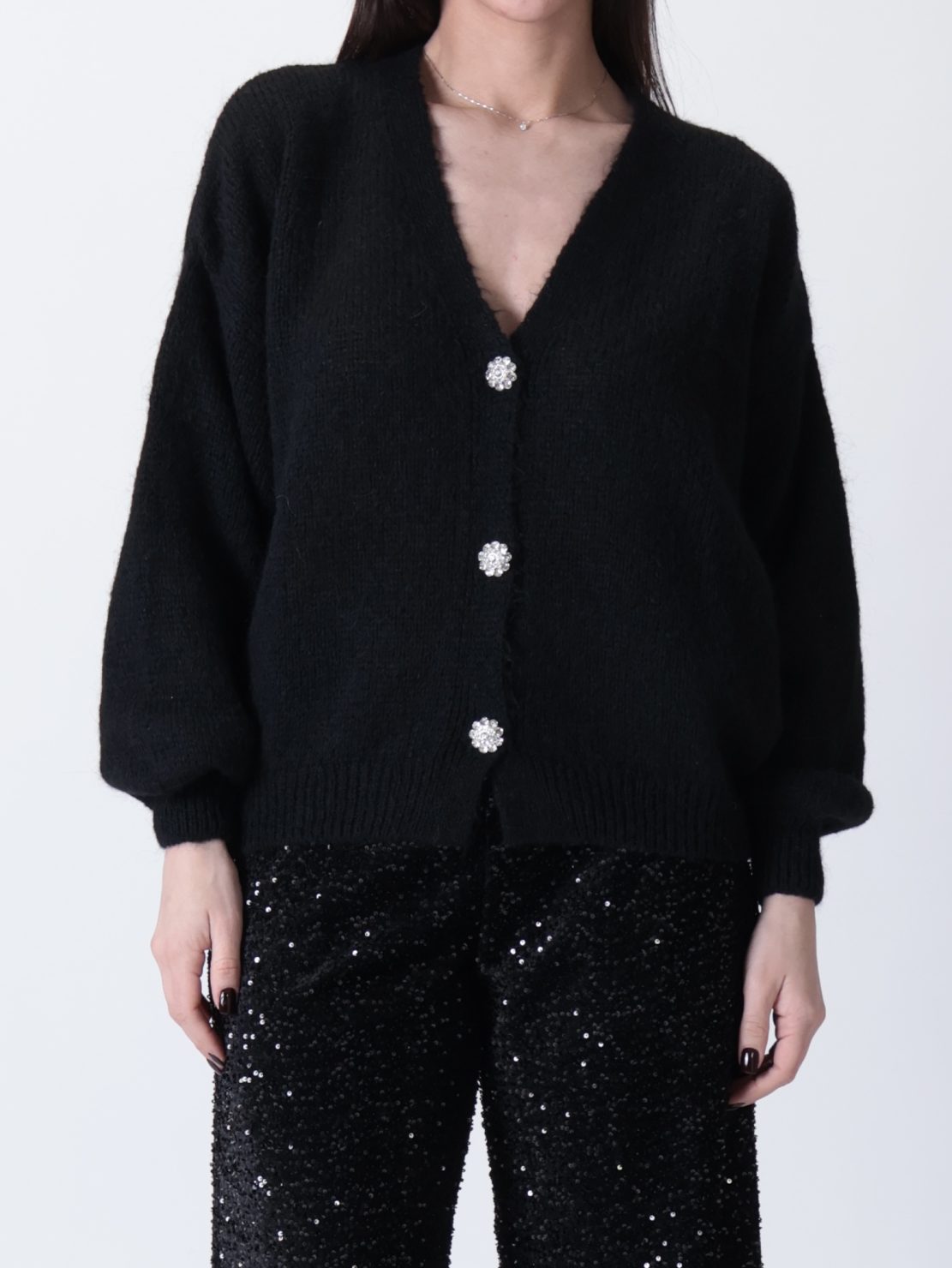 Cardigan bottoni gioiello fiore nero PREORDINE 12/12